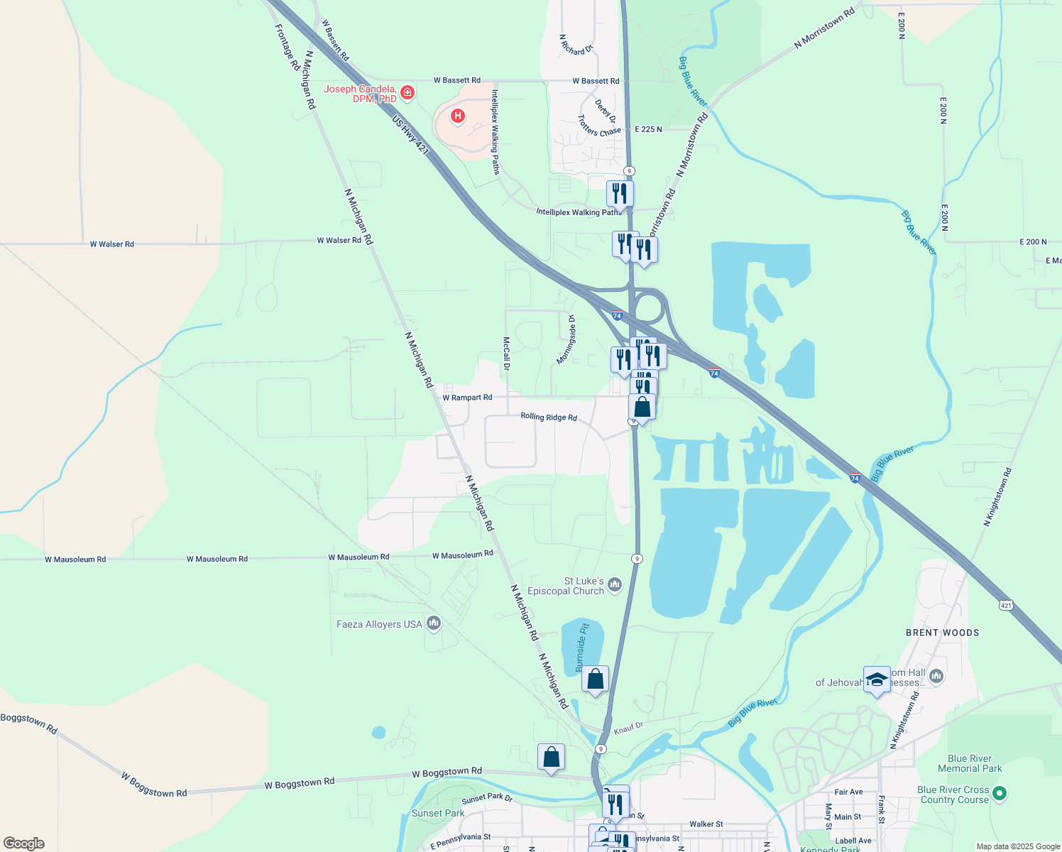 map of restaurants, bars, coffee shops, grocery stores, and more near 1693 Fountain Lake Drive South in Shelbyville