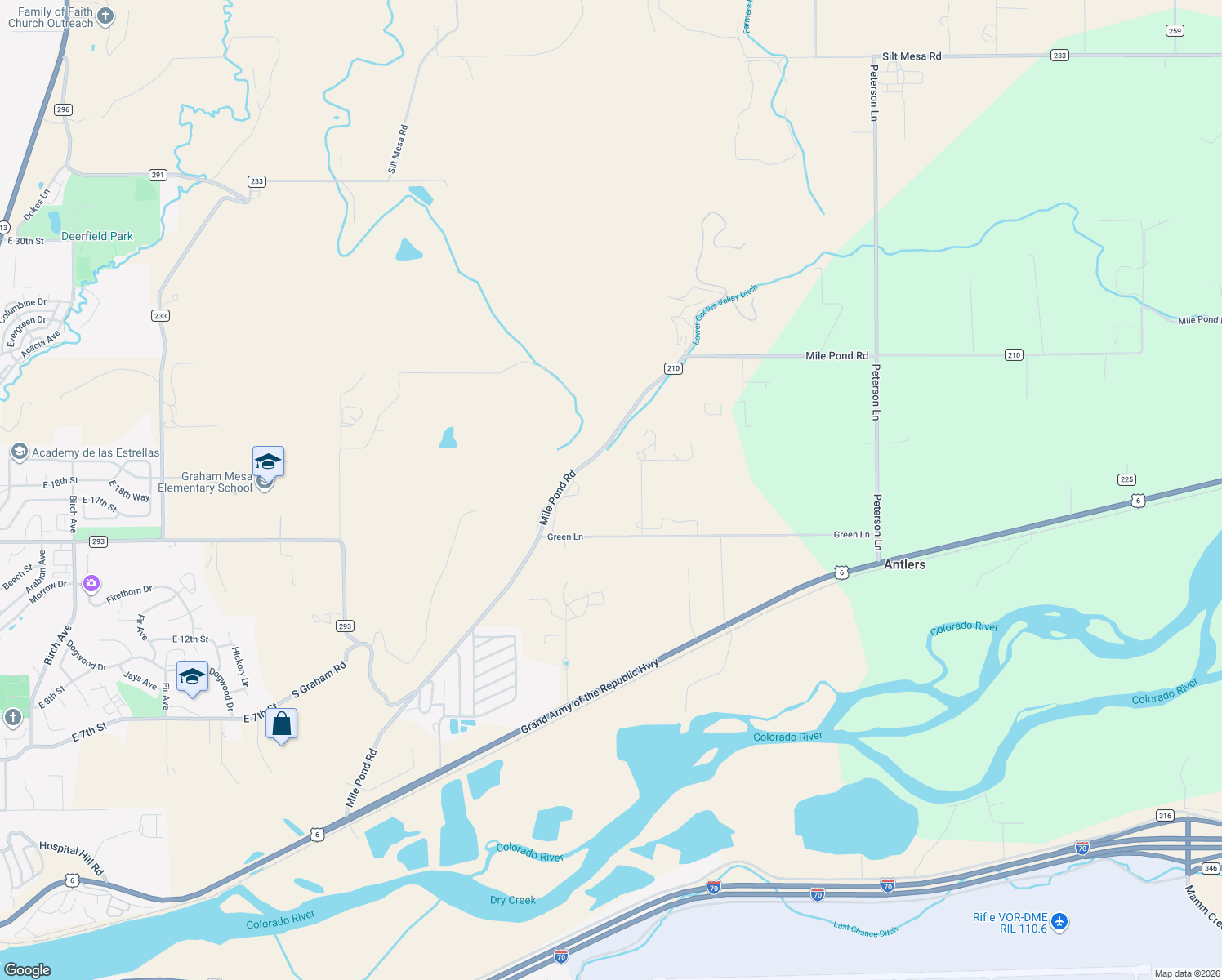 map of restaurants, bars, coffee shops, grocery stores, and more near 133 Native Springs Dr in Rifle