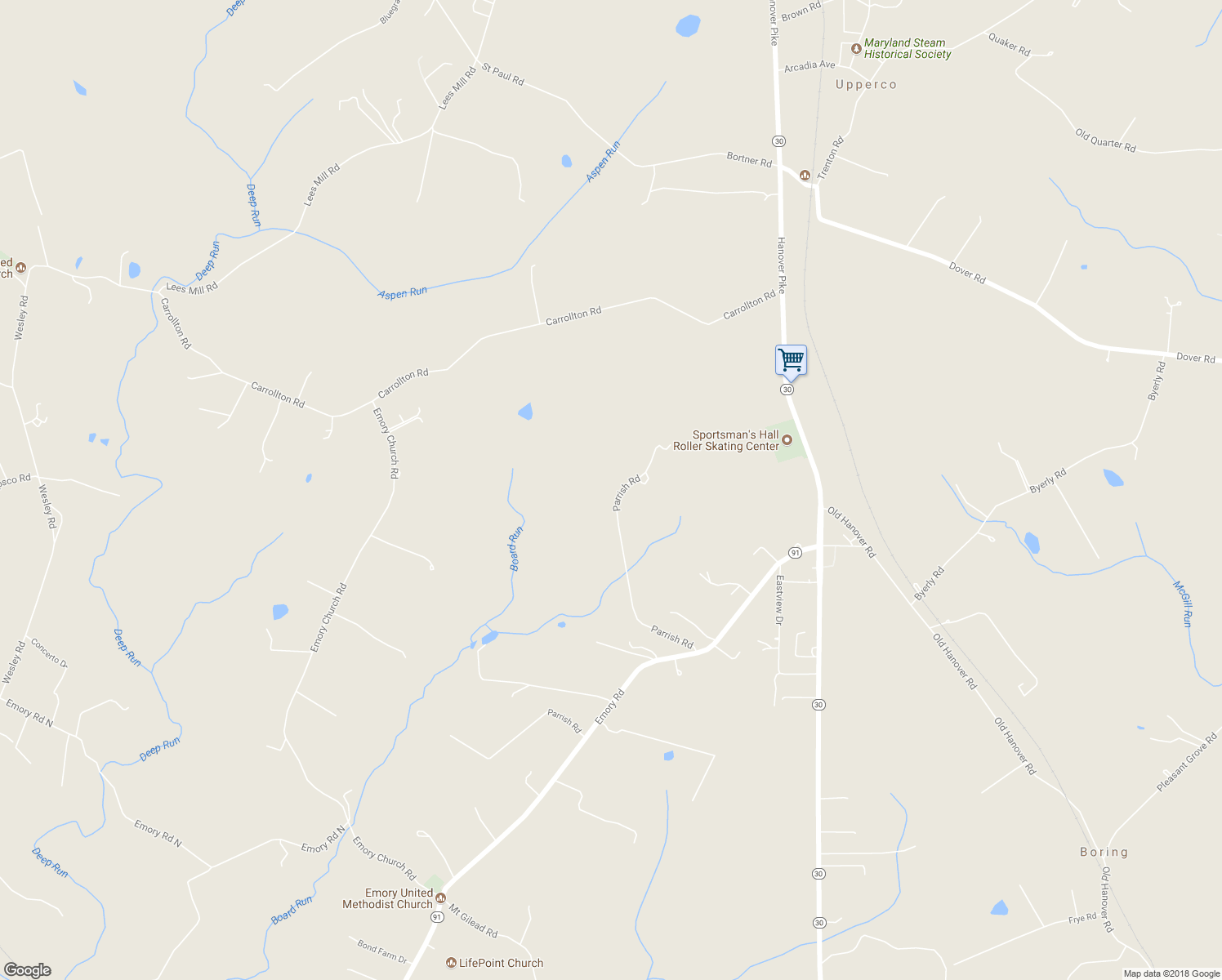 map of restaurants, bars, coffee shops, grocery stores, and more near 15400 Parrish Road in Upperco