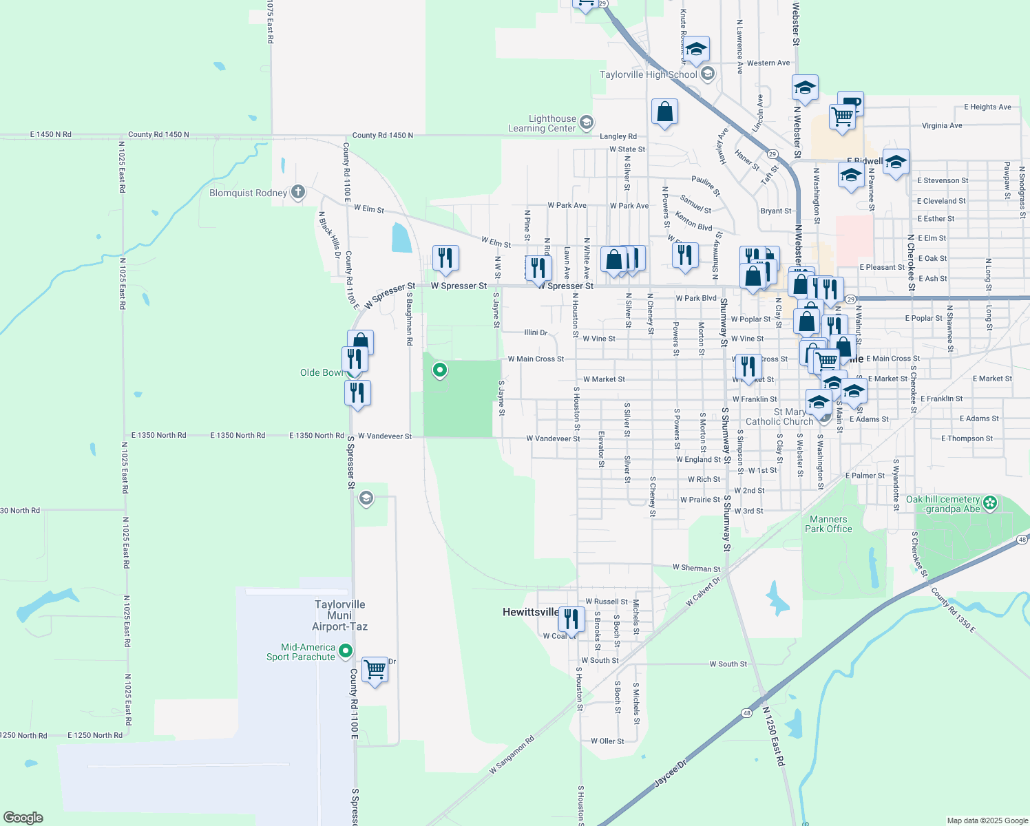 map of restaurants, bars, coffee shops, grocery stores, and more near 1524 West Franklin Street in Taylorville