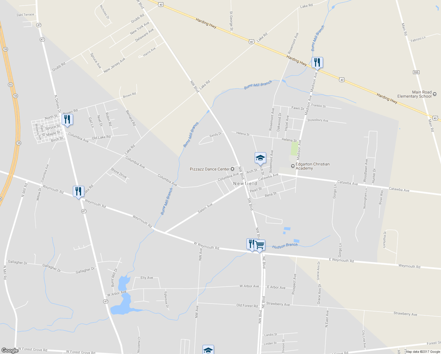 map of restaurants, bars, coffee shops, grocery stores, and more near 202 Columbia Avenue in Newfield