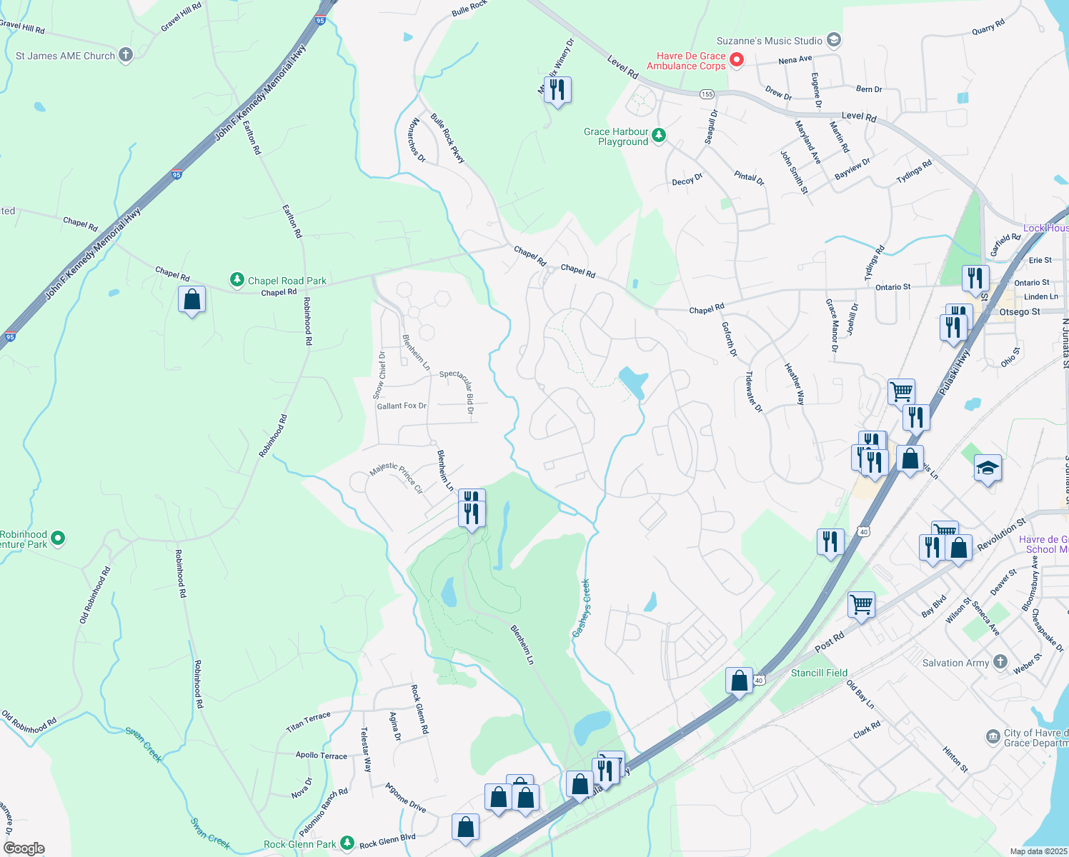 map of restaurants, bars, coffee shops, grocery stores, and more near 217 Smarty Jones Terrace in Havre de Grace