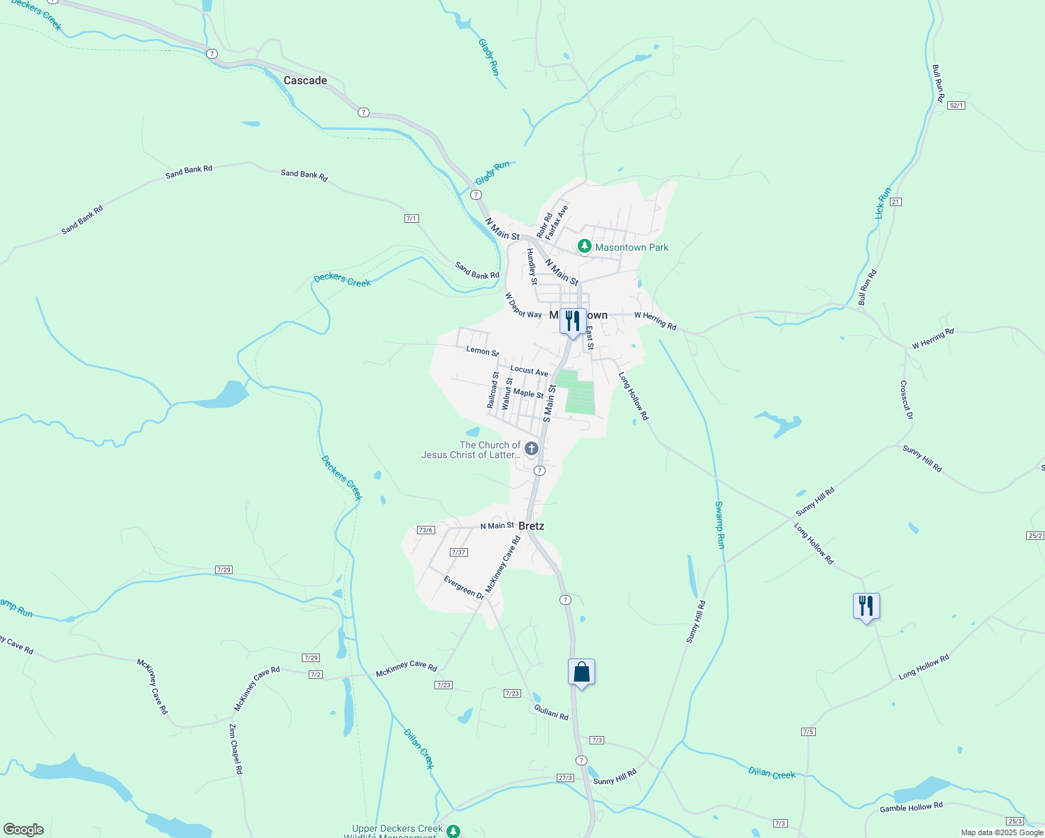 map of restaurants, bars, coffee shops, grocery stores, and more near 28 Cherry St in Masontown