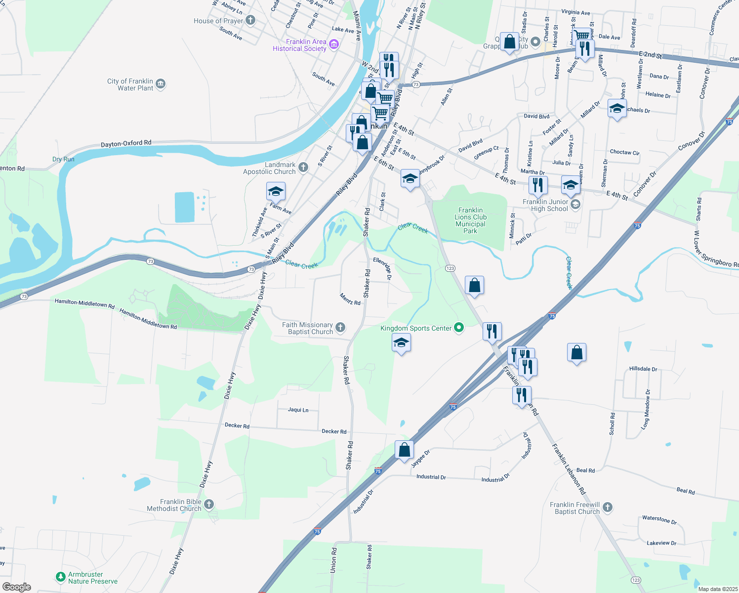 map of restaurants, bars, coffee shops, grocery stores, and more near 7116 Shaker Road in Franklin