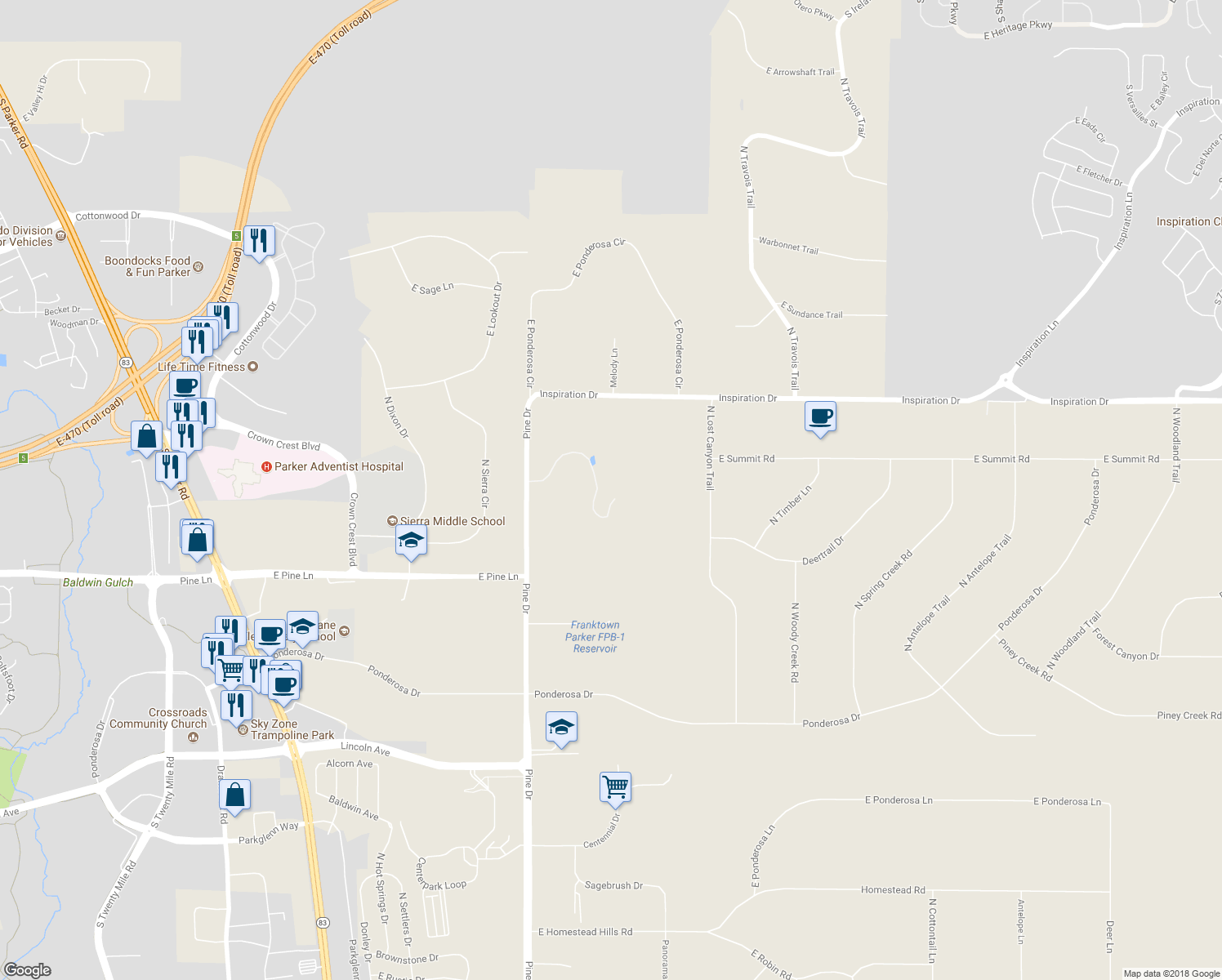 map of restaurants, bars, coffee shops, grocery stores, and more near 12750 Pine Drive in Parker