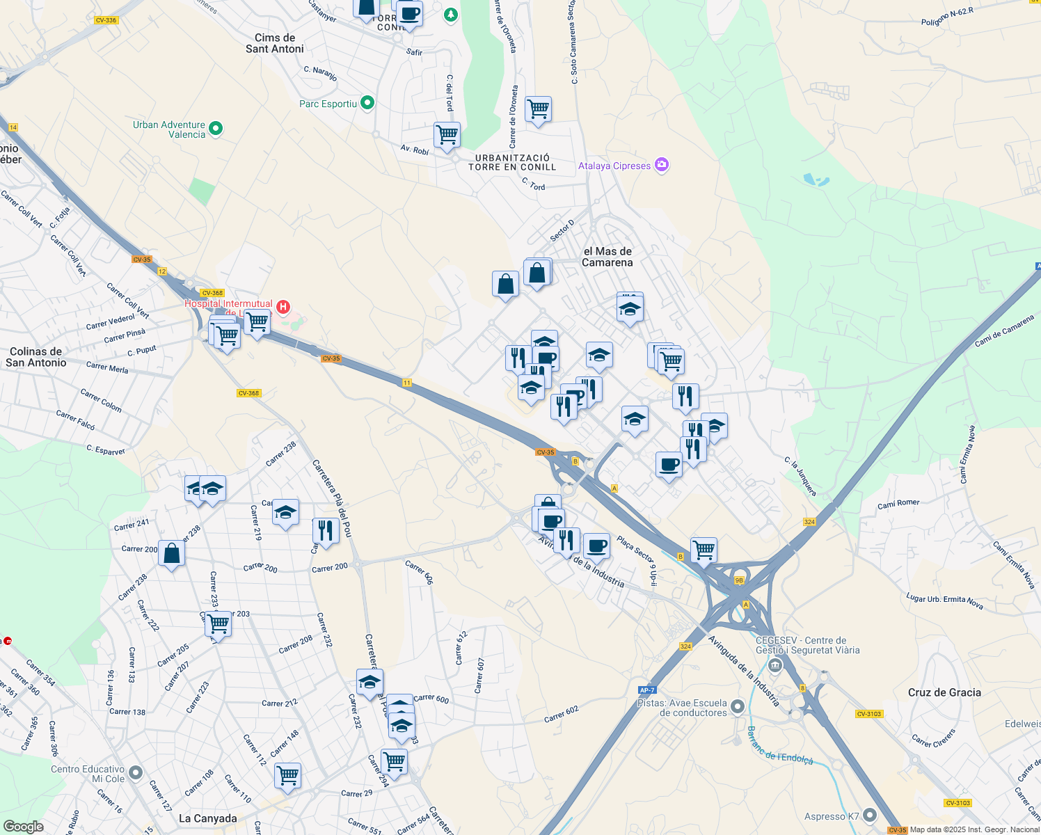 map of restaurants, bars, coffee shops, grocery stores, and more near 17-19 Ronda Narciso Monturiol in Paterna