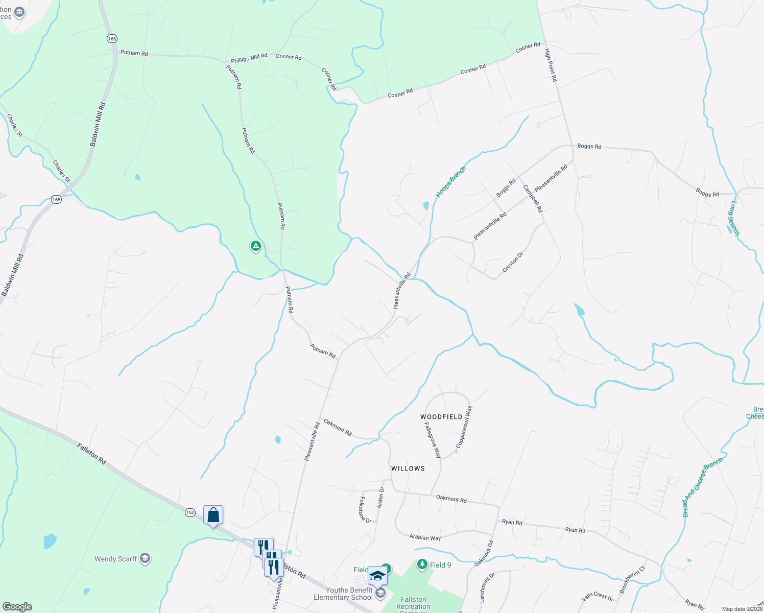 map of restaurants, bars, coffee shops, grocery stores, and more near 1918 Pleasantville Road in Fallston