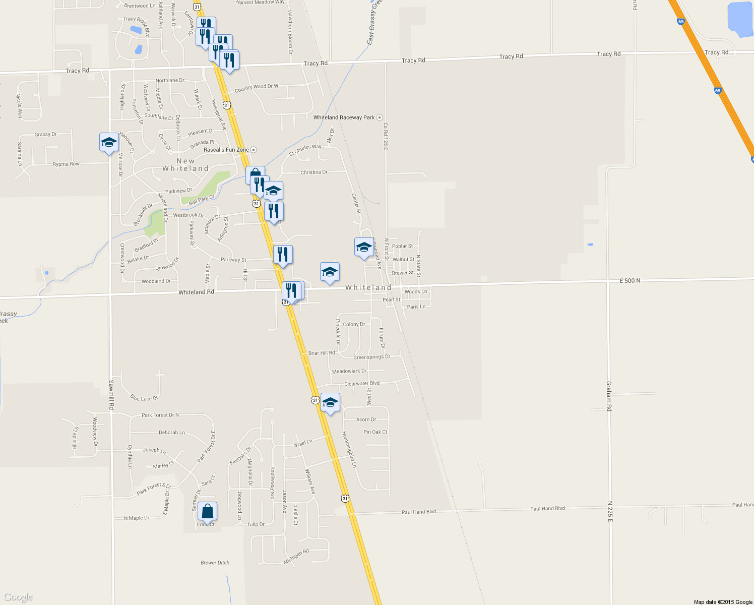 map of restaurants, bars, coffee shops, grocery stores, and more near 549 Pearl St in Whiteland