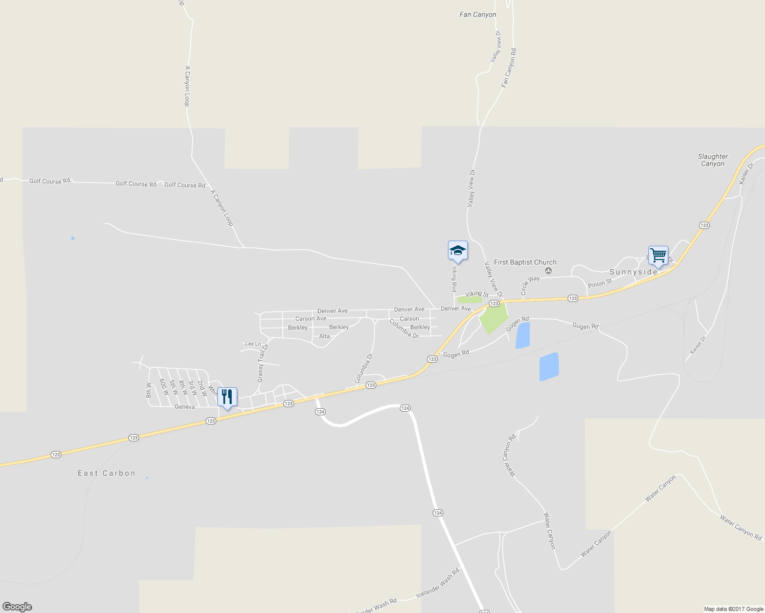 map of restaurants, bars, coffee shops, grocery stores, and more near 311 Denver Avenue in East Carbon