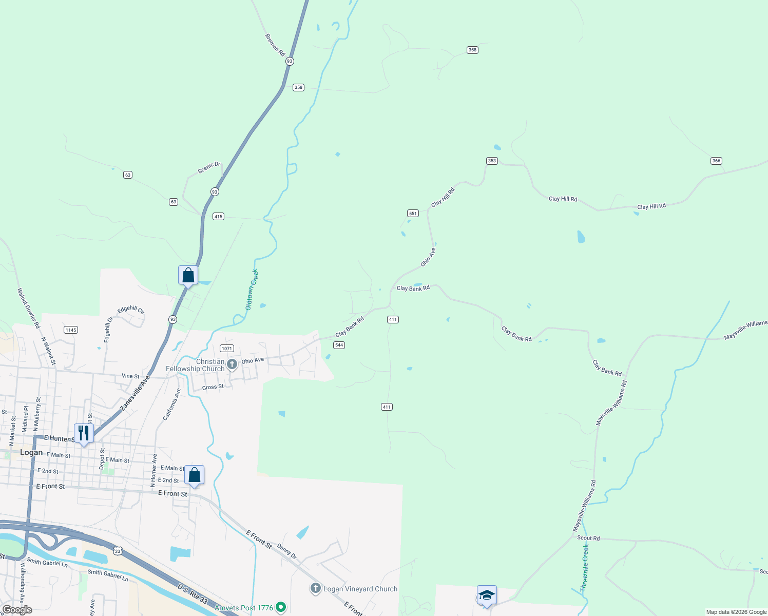map of restaurants, bars, coffee shops, grocery stores, and more near County Road 14 in Logan