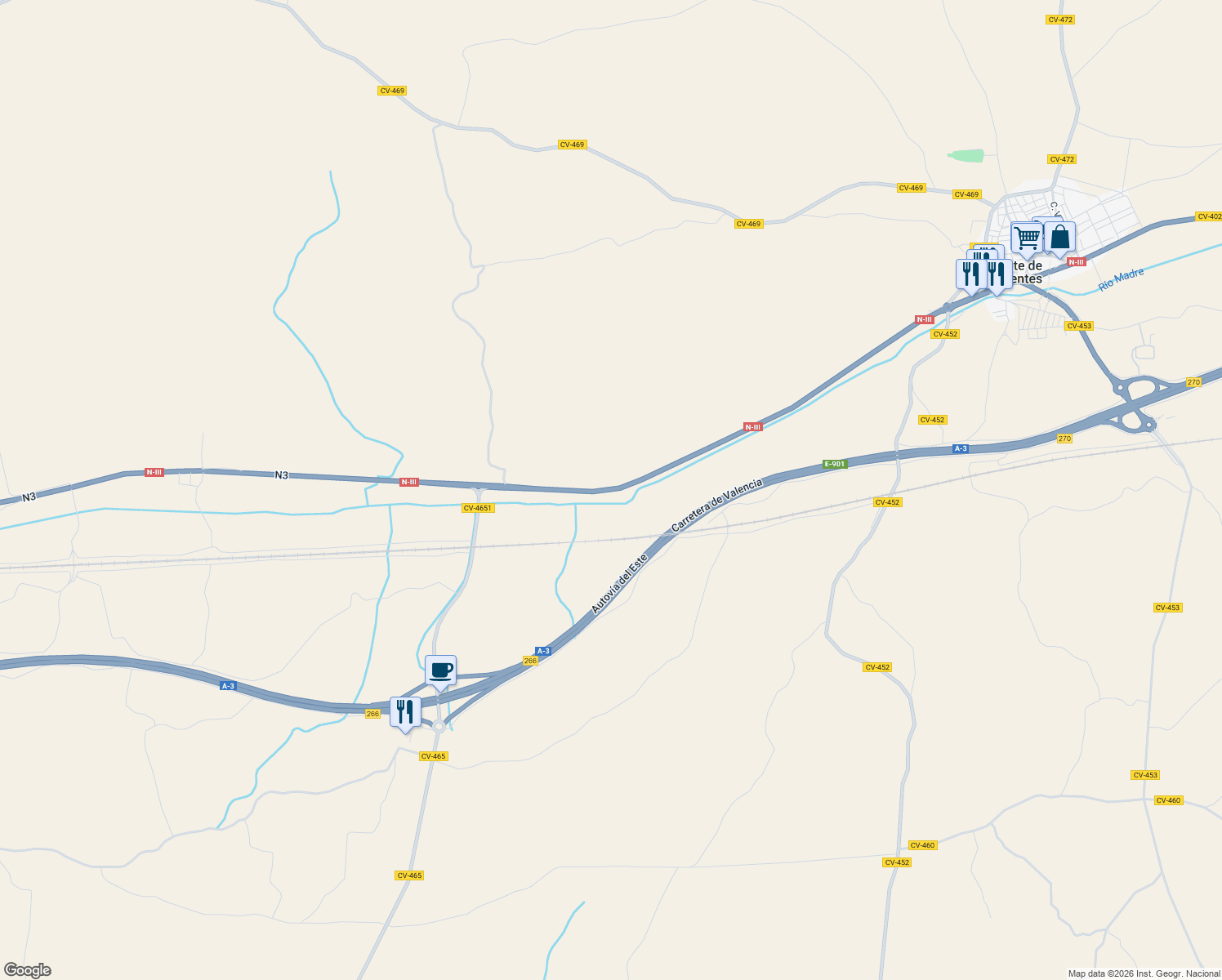 map of restaurants, bars, coffee shops, grocery stores, and more near N-III in Valencia