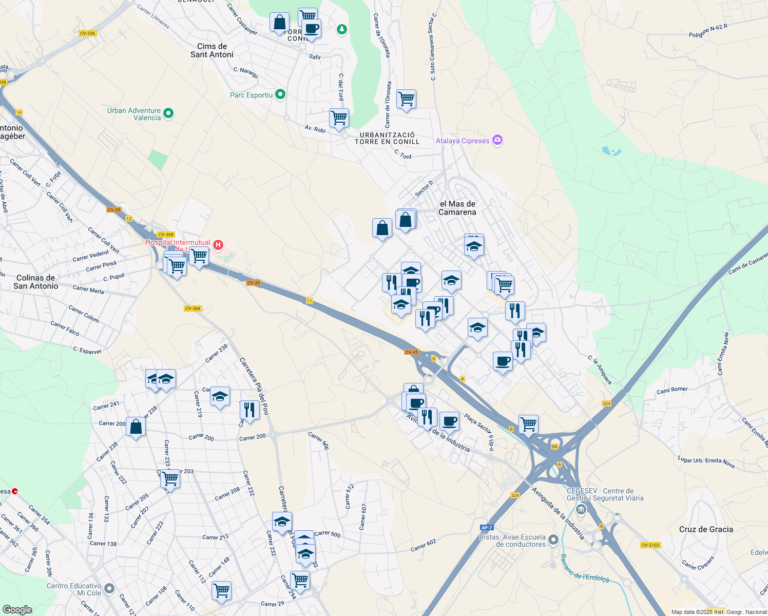 map of restaurants, bars, coffee shops, grocery stores, and more near 17 Ronda de Narcís Monturiol in Paterna