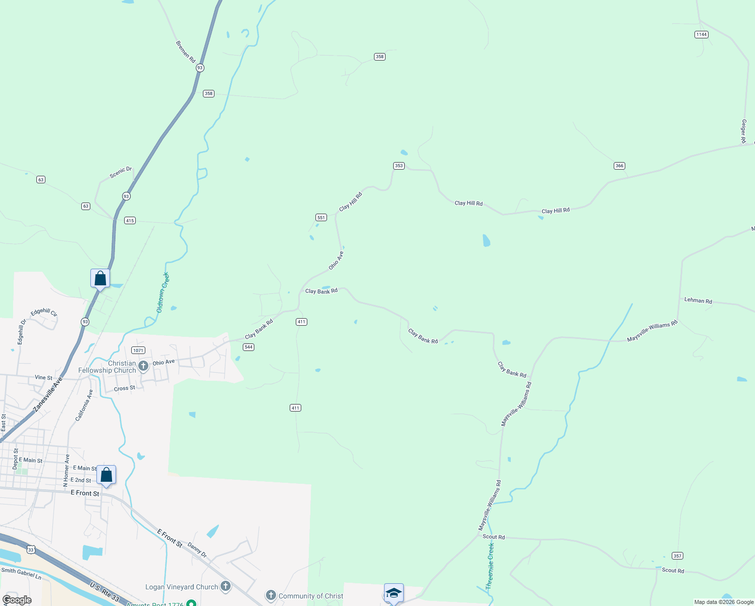 map of restaurants, bars, coffee shops, grocery stores, and more near 34956 Clay Bank Road in Logan