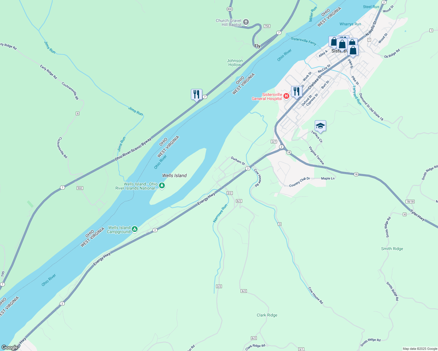 map of restaurants, bars, coffee shops, grocery stores, and more near 351 Jackson Ave in Sistersville