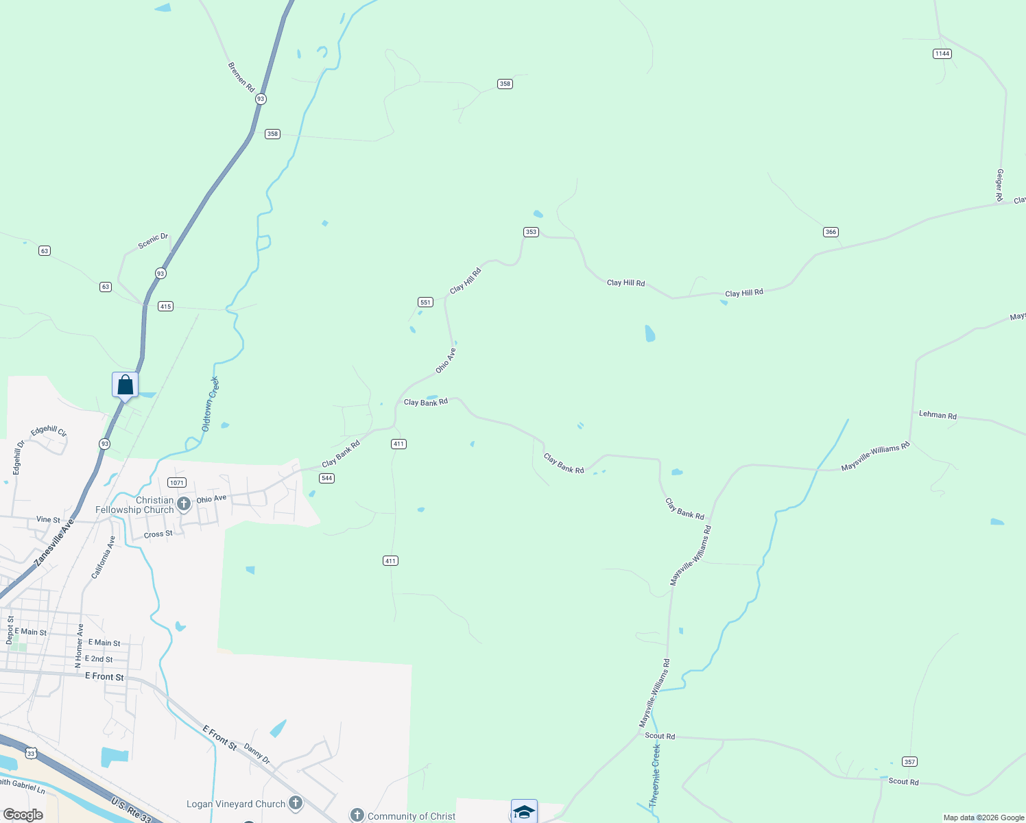 map of restaurants, bars, coffee shops, grocery stores, and more near 34956 Clay Bank Road in Logan