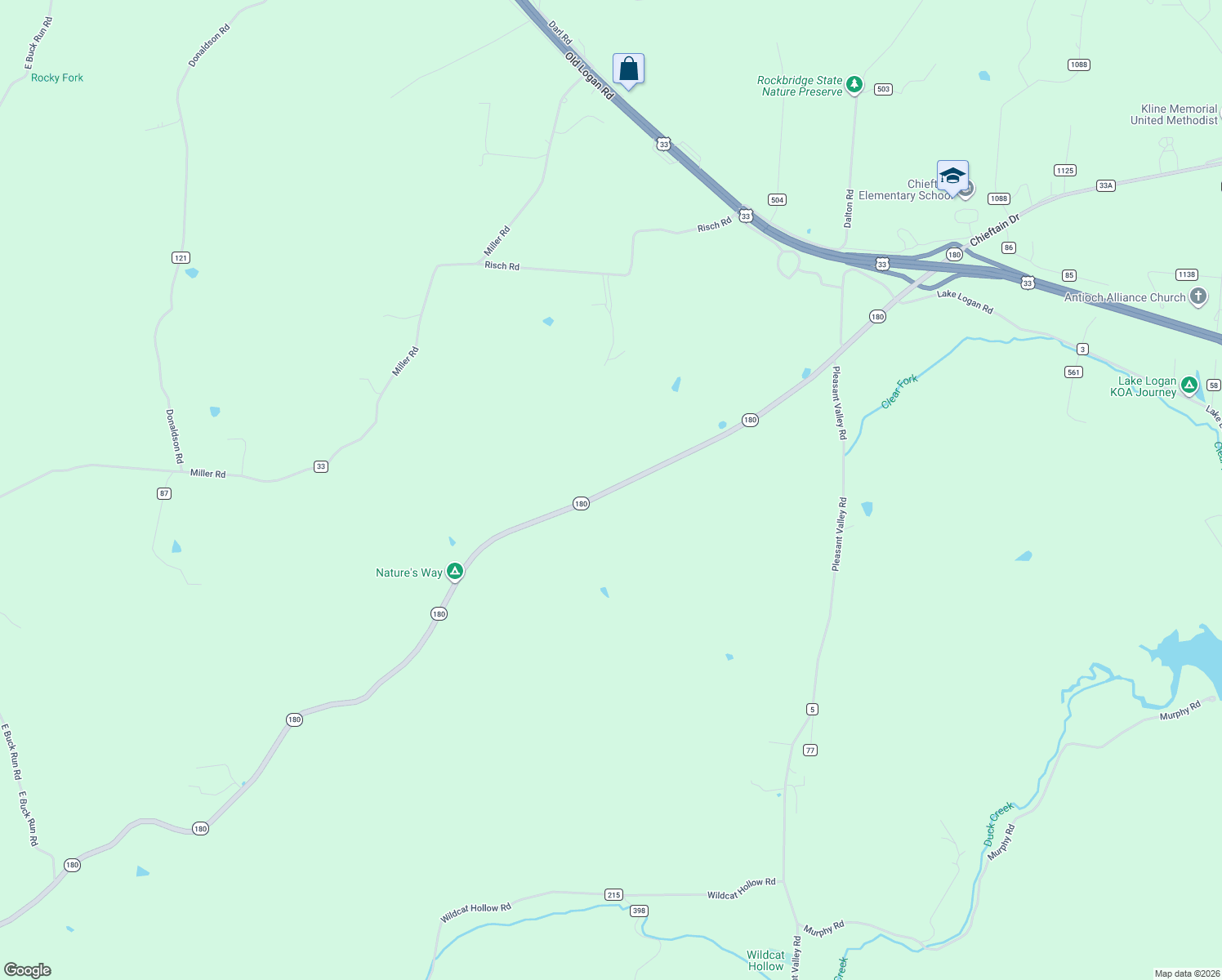 map of restaurants, bars, coffee shops, grocery stores, and more near 27142 Ohio 180 in Rockbridge