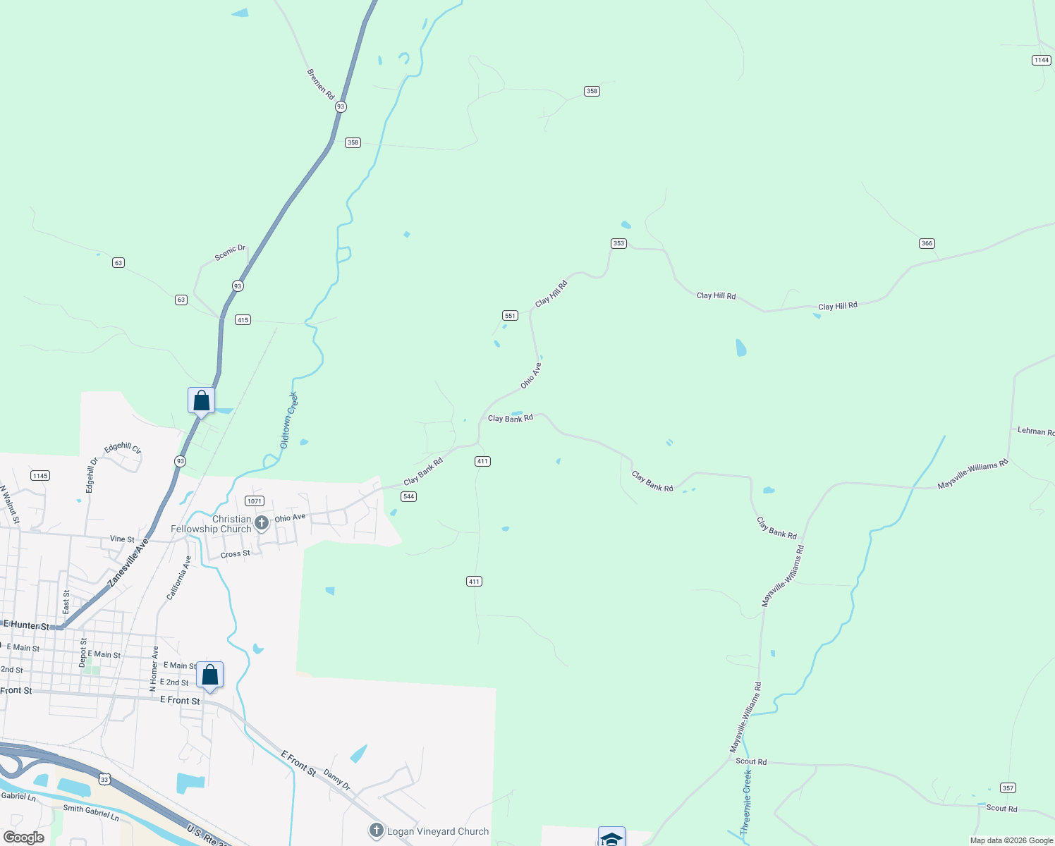 map of restaurants, bars, coffee shops, grocery stores, and more near 34835-34979 County Road 14 in Logan