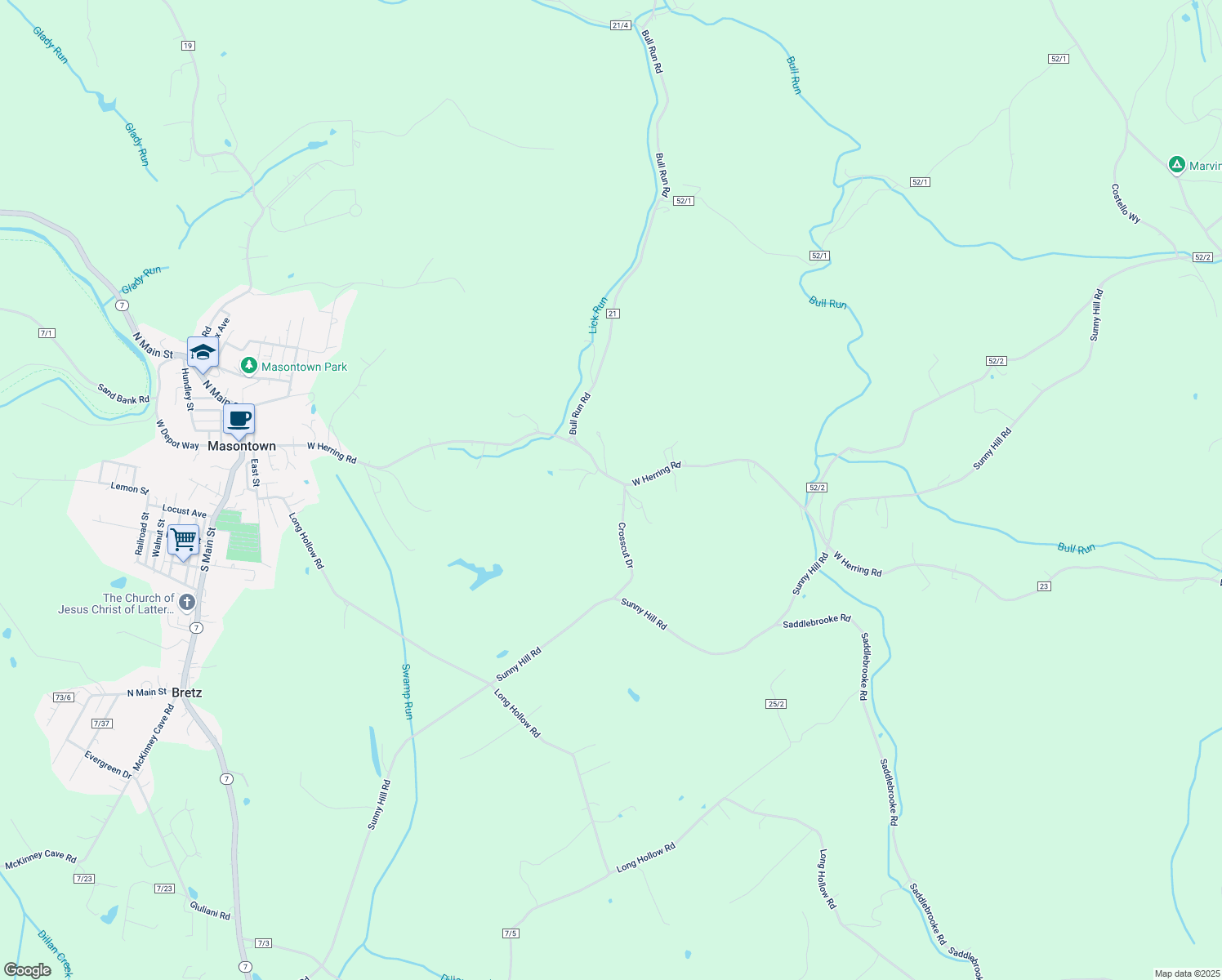 map of restaurants, bars, coffee shops, grocery stores, and more near 15 Bluejay Drive in Masontown