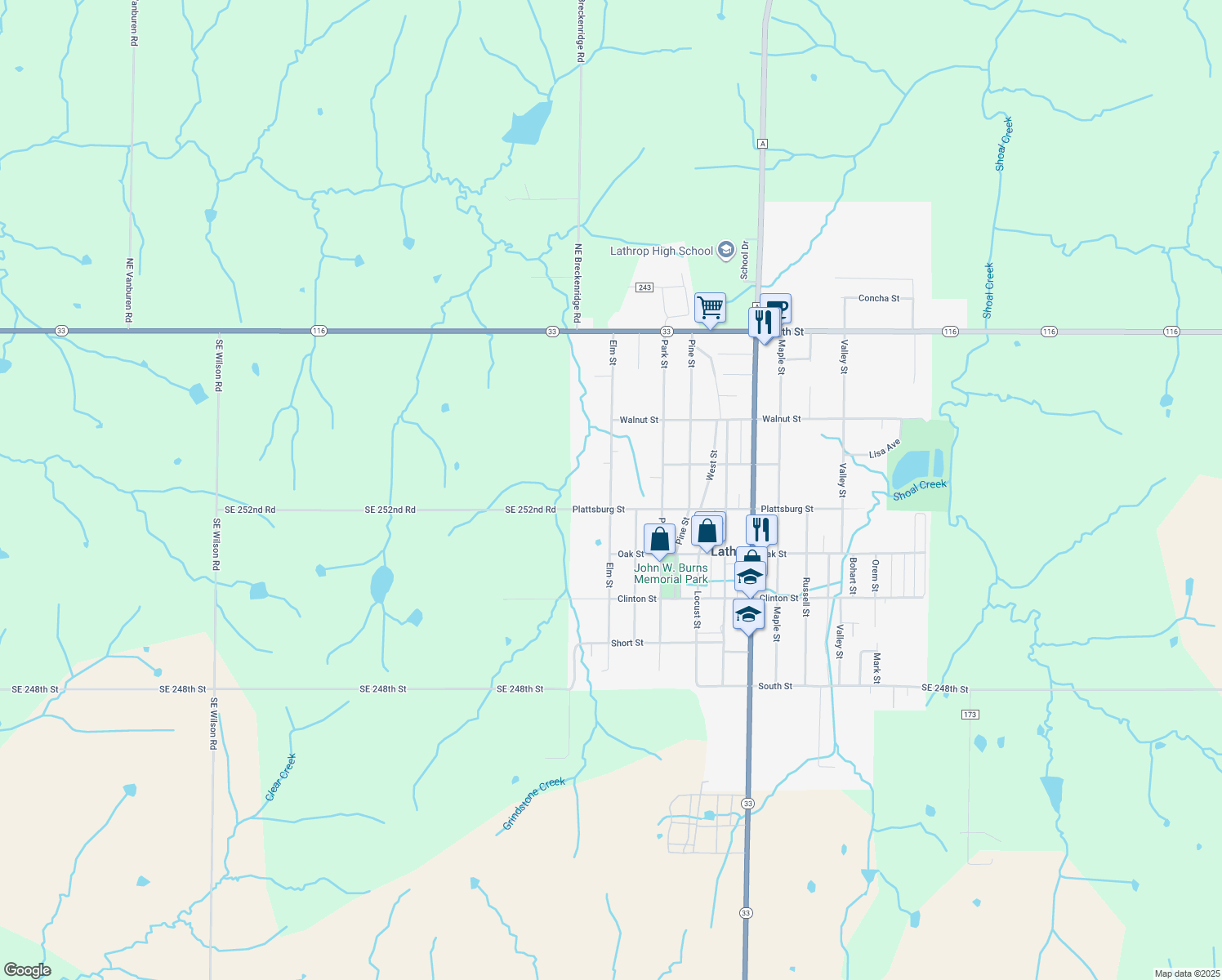 map of restaurants, bars, coffee shops, grocery stores, and more near 303 Elm Street in Lathrop