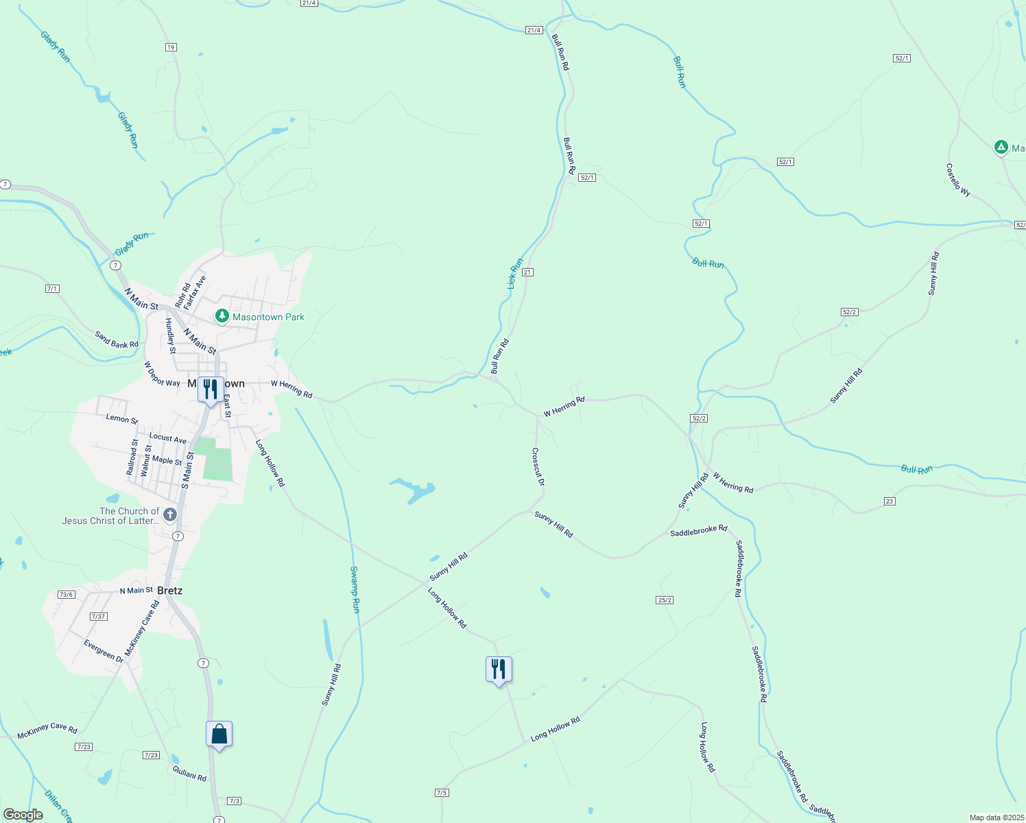 map of restaurants, bars, coffee shops, grocery stores, and more near 15 Bluejay Drive in Masontown