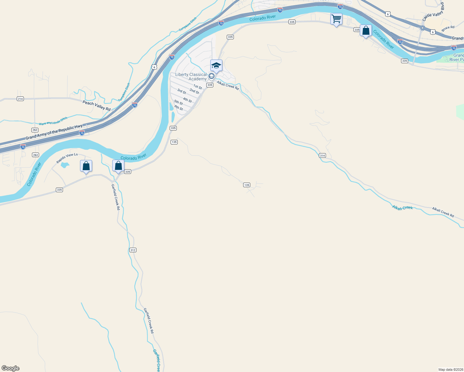 map of restaurants, bars, coffee shops, grocery stores, and more near County Road 135 in New Castle