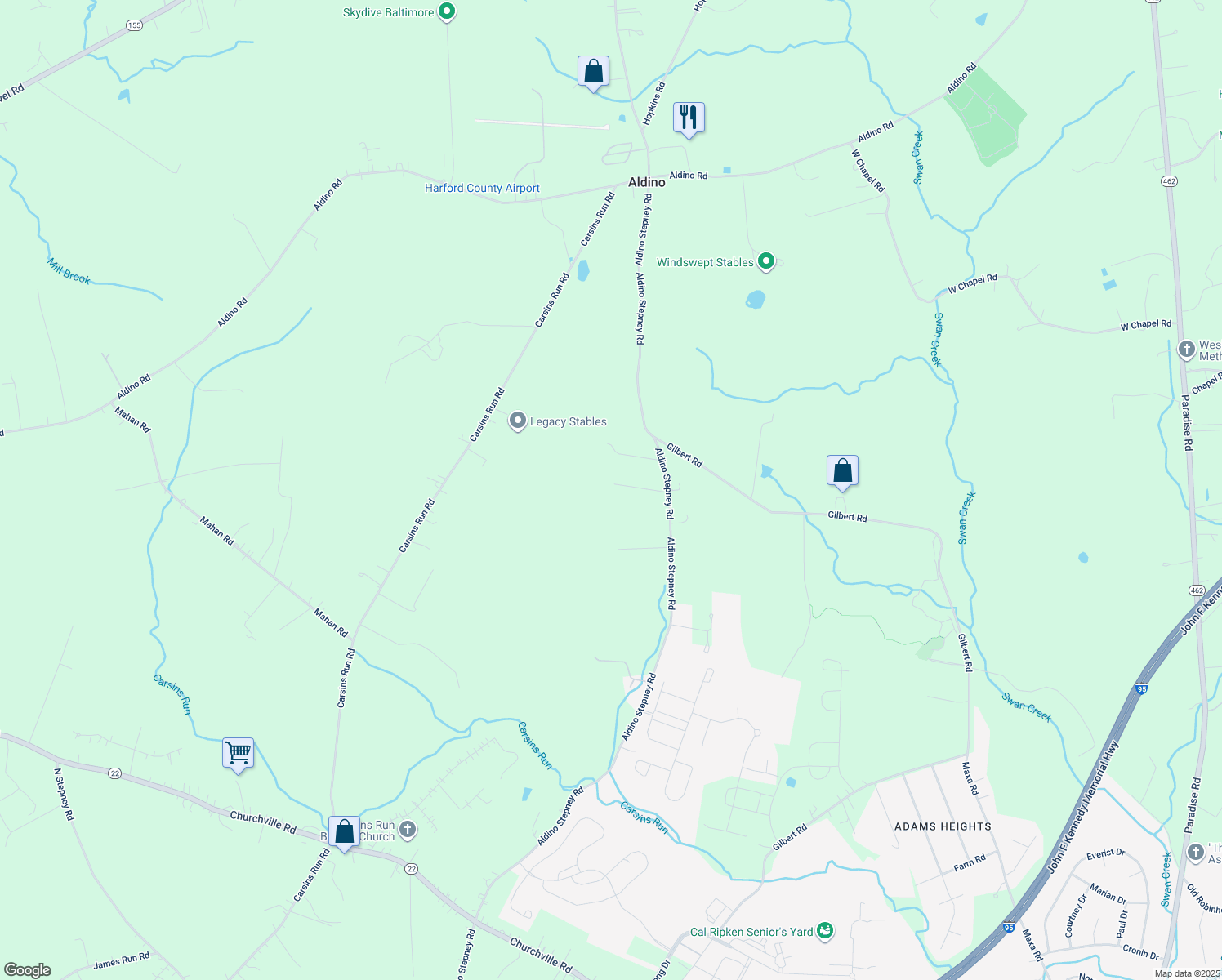 map of restaurants, bars, coffee shops, grocery stores, and more near 614 Aldino Stepney Road in Aberdeen