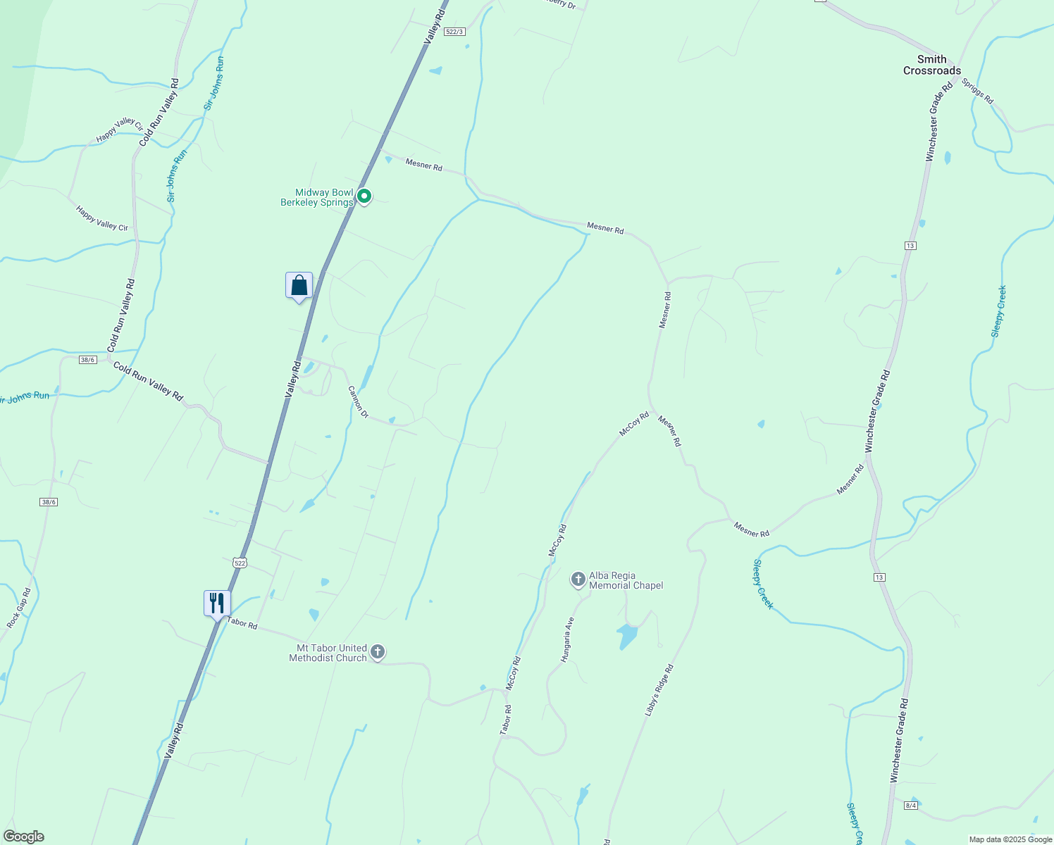 map of restaurants, bars, coffee shops, grocery stores, and more near 90 Soldier Trail in Berkeley Springs
