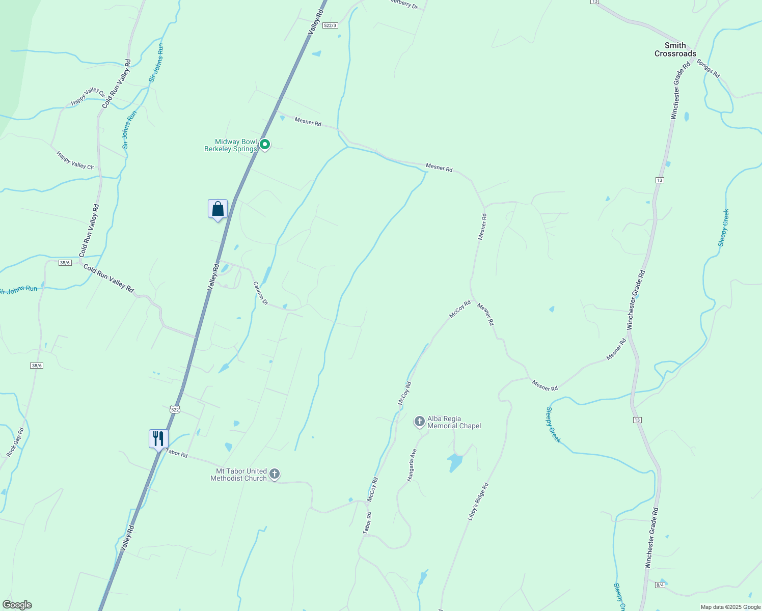 map of restaurants, bars, coffee shops, grocery stores, and more near 90 Soldier Trail in Berkeley Springs