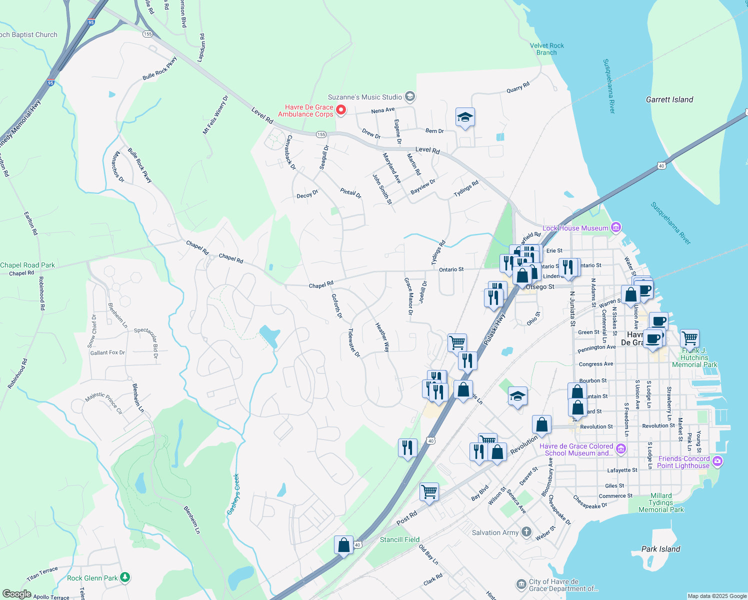 map of restaurants, bars, coffee shops, grocery stores, and more near 101 Susquehanna Court in Havre de Grace