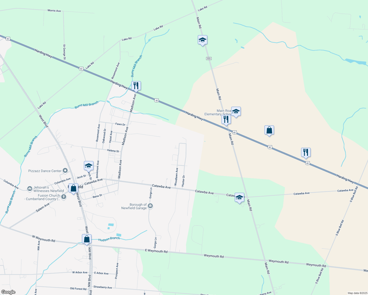 map of restaurants, bars, coffee shops, grocery stores, and more near 114 Hunter Dr in Newfield