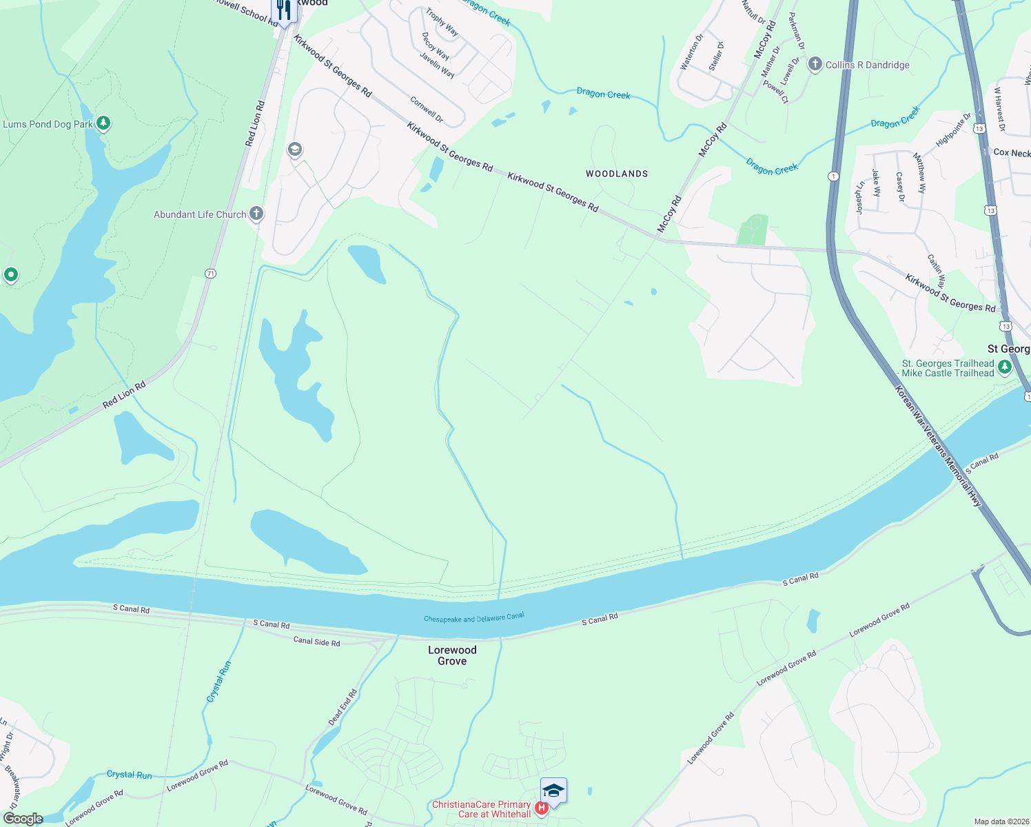map of restaurants, bars, coffee shops, grocery stores, and more near 2677 McCoy Road in Bear