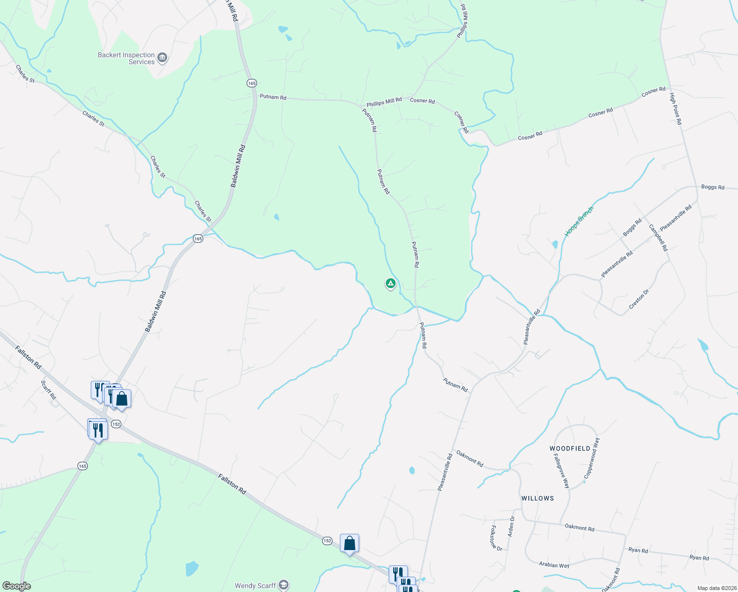 map of restaurants, bars, coffee shops, grocery stores, and more near 2300 Putnam Road in Forest Hill