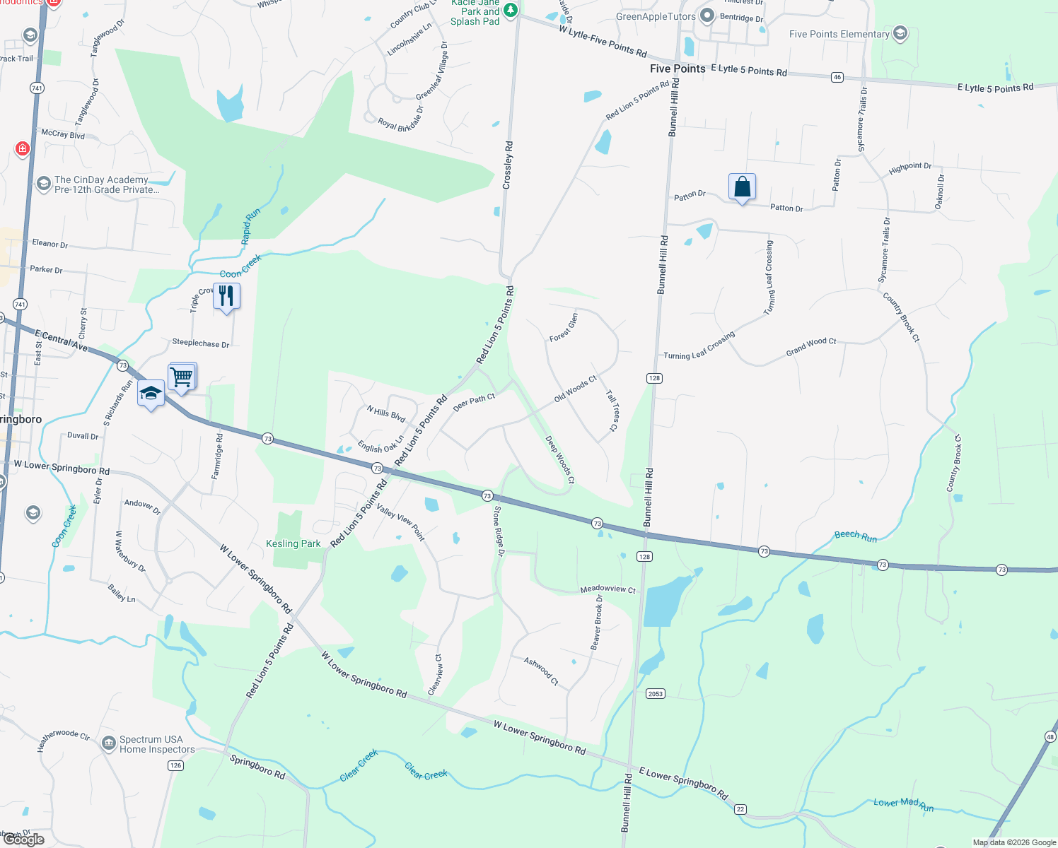map of restaurants, bars, coffee shops, grocery stores, and more near 7682 Old Woods Ct in Springboro