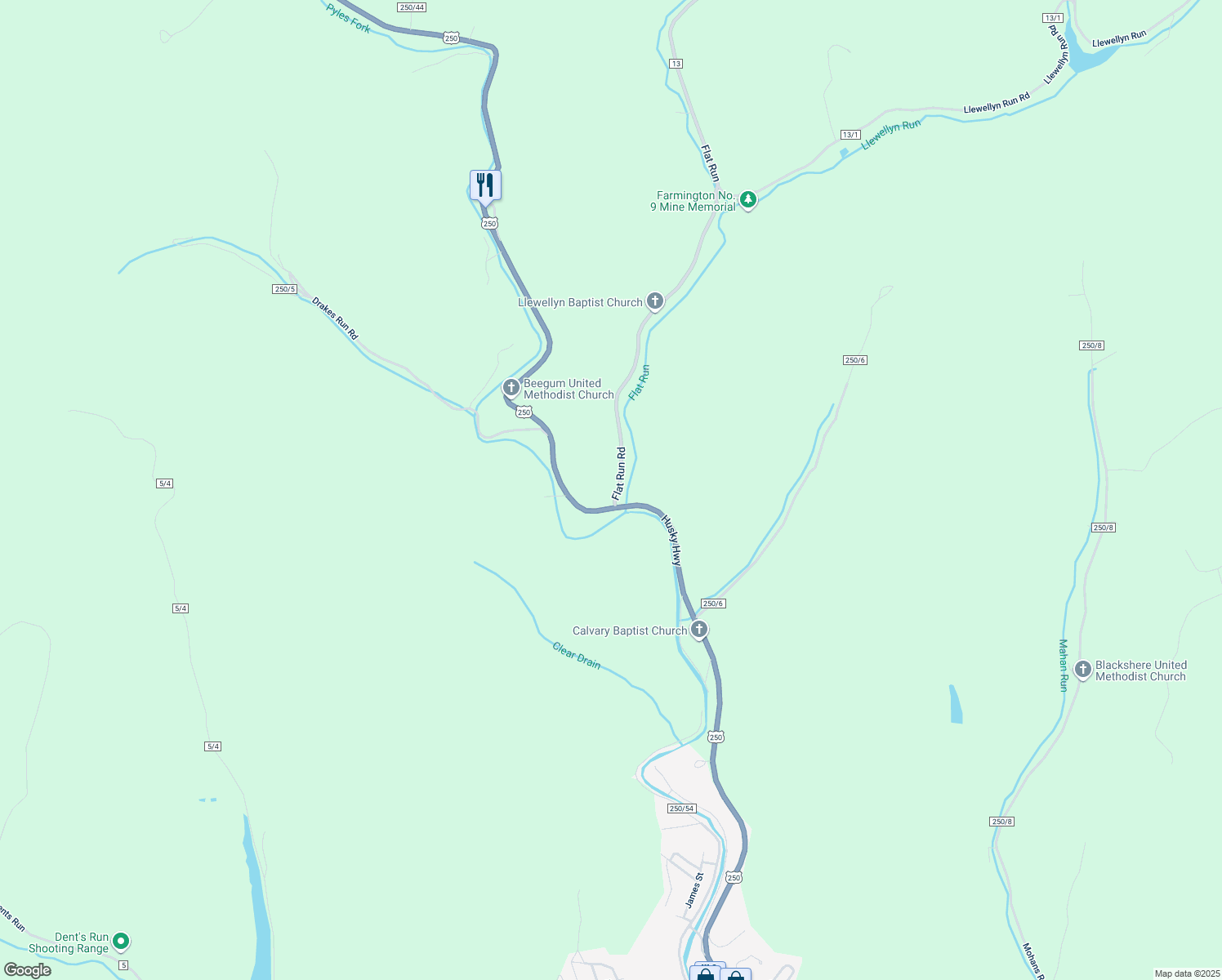 map of restaurants, bars, coffee shops, grocery stores, and more near 21 Flat Run Road in Mannington