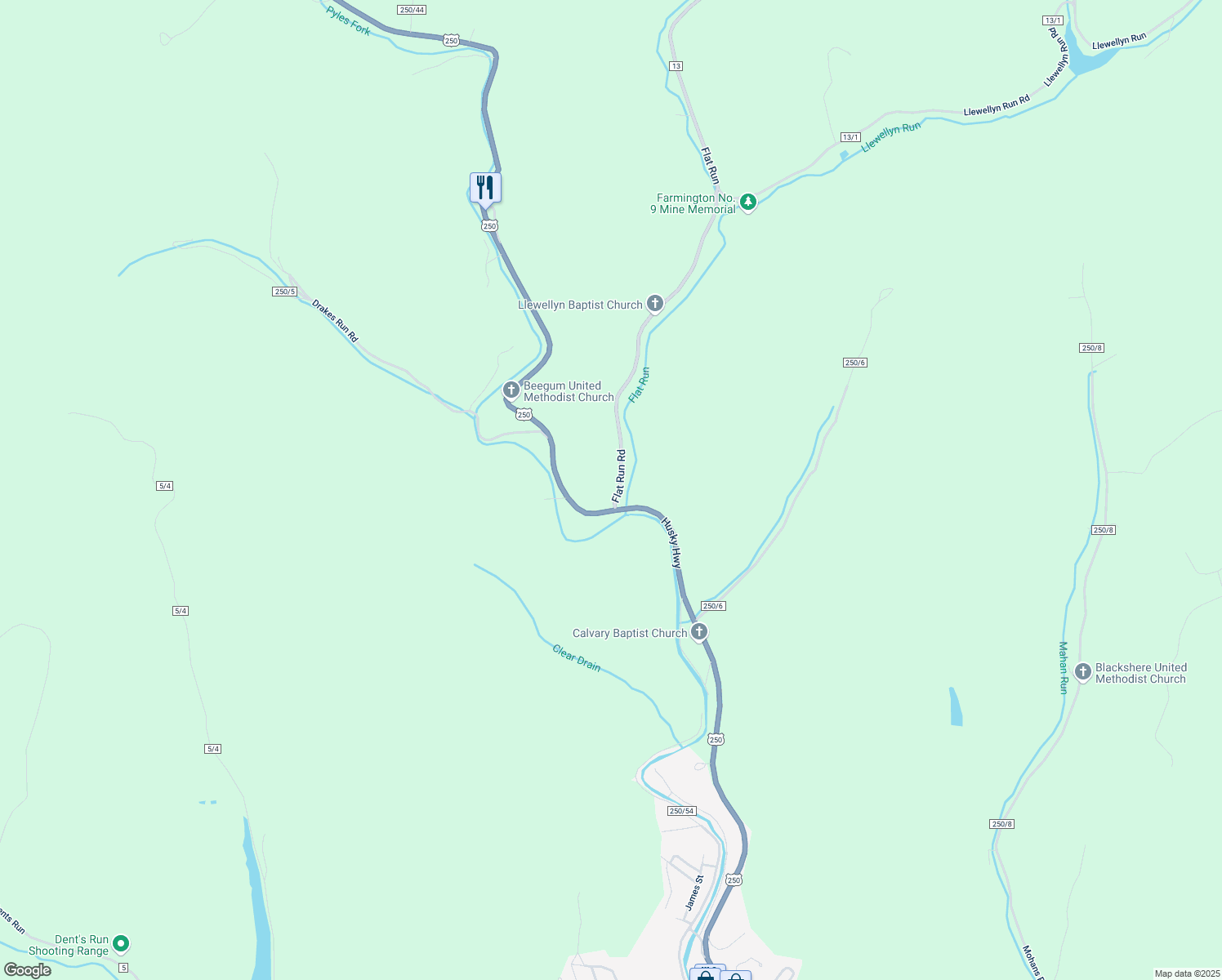 map of restaurants, bars, coffee shops, grocery stores, and more near 21 Flat Run Road in Mannington