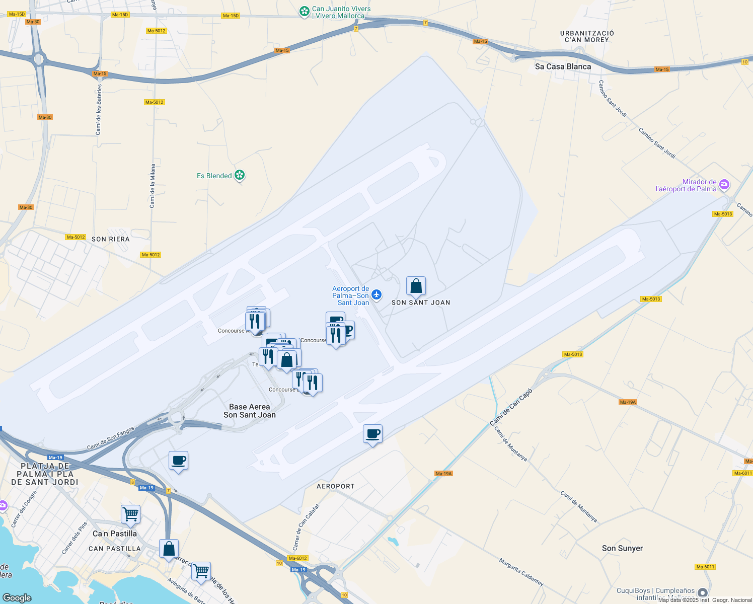 map of restaurants, bars, coffee shops, grocery stores, and more near Autopista de Llevant in Palma