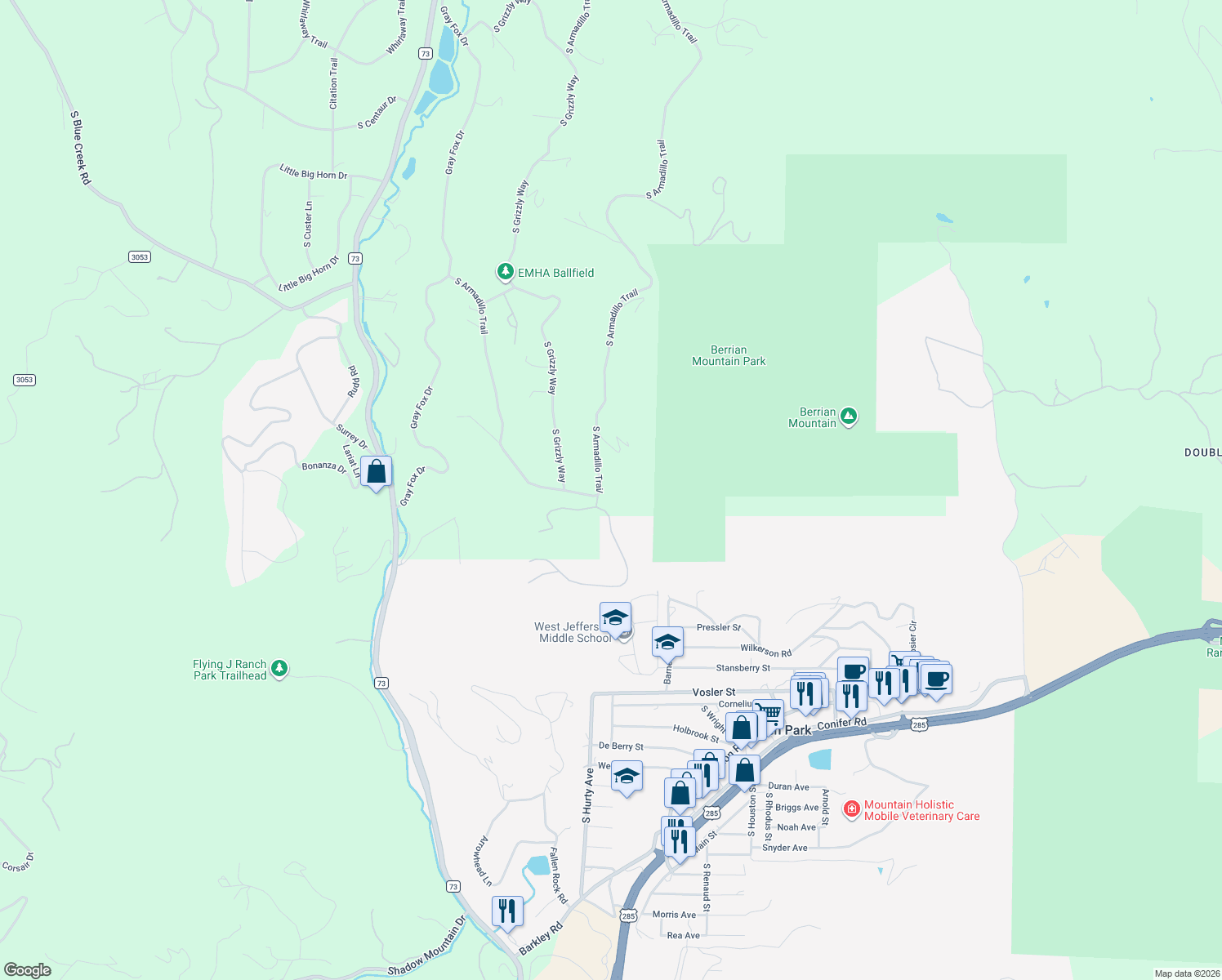 map of restaurants, bars, coffee shops, grocery stores, and more near 8864 South Armadillo Trail in Evergreen