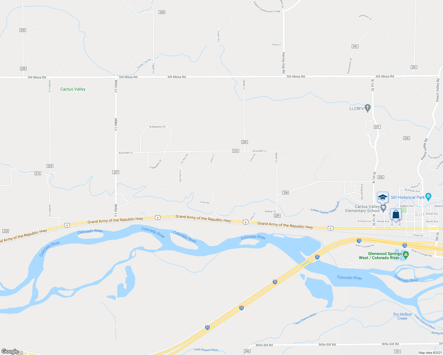 map of restaurants, bars, coffee shops, grocery stores, and more near 368 Lariat Road in Silt