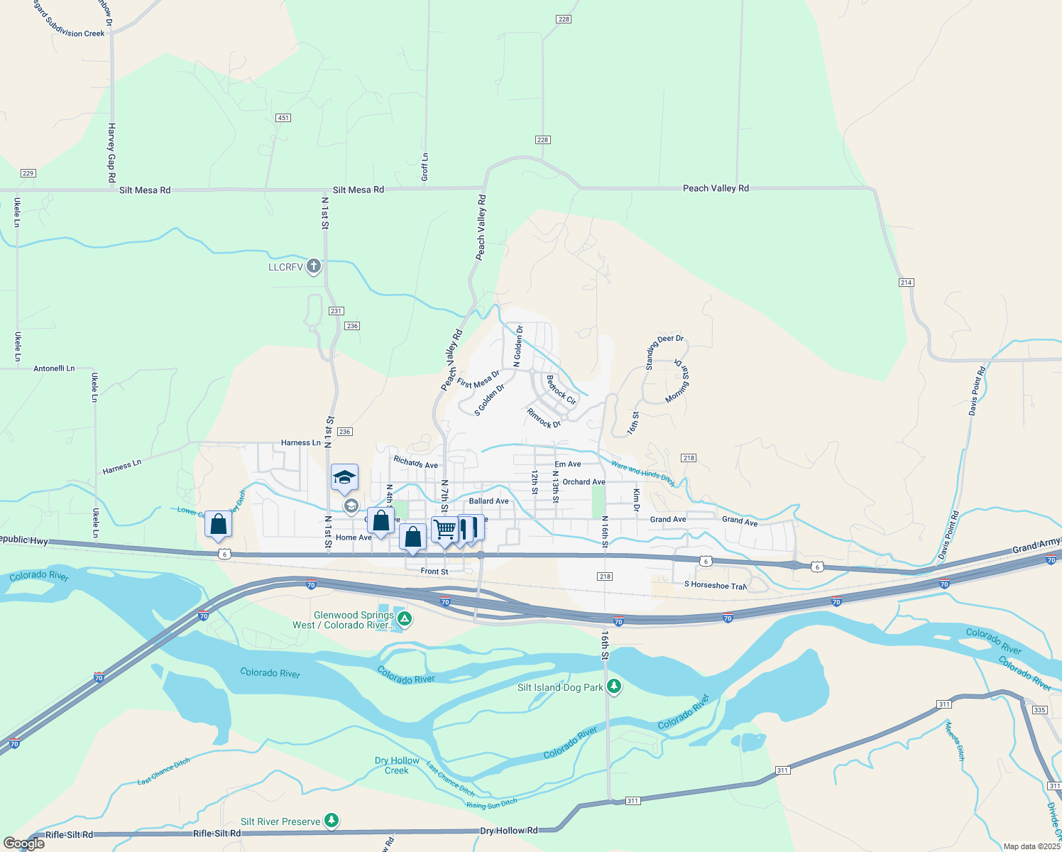 map of restaurants, bars, coffee shops, grocery stores, and more near 1249 Rimrock Drive in Silt