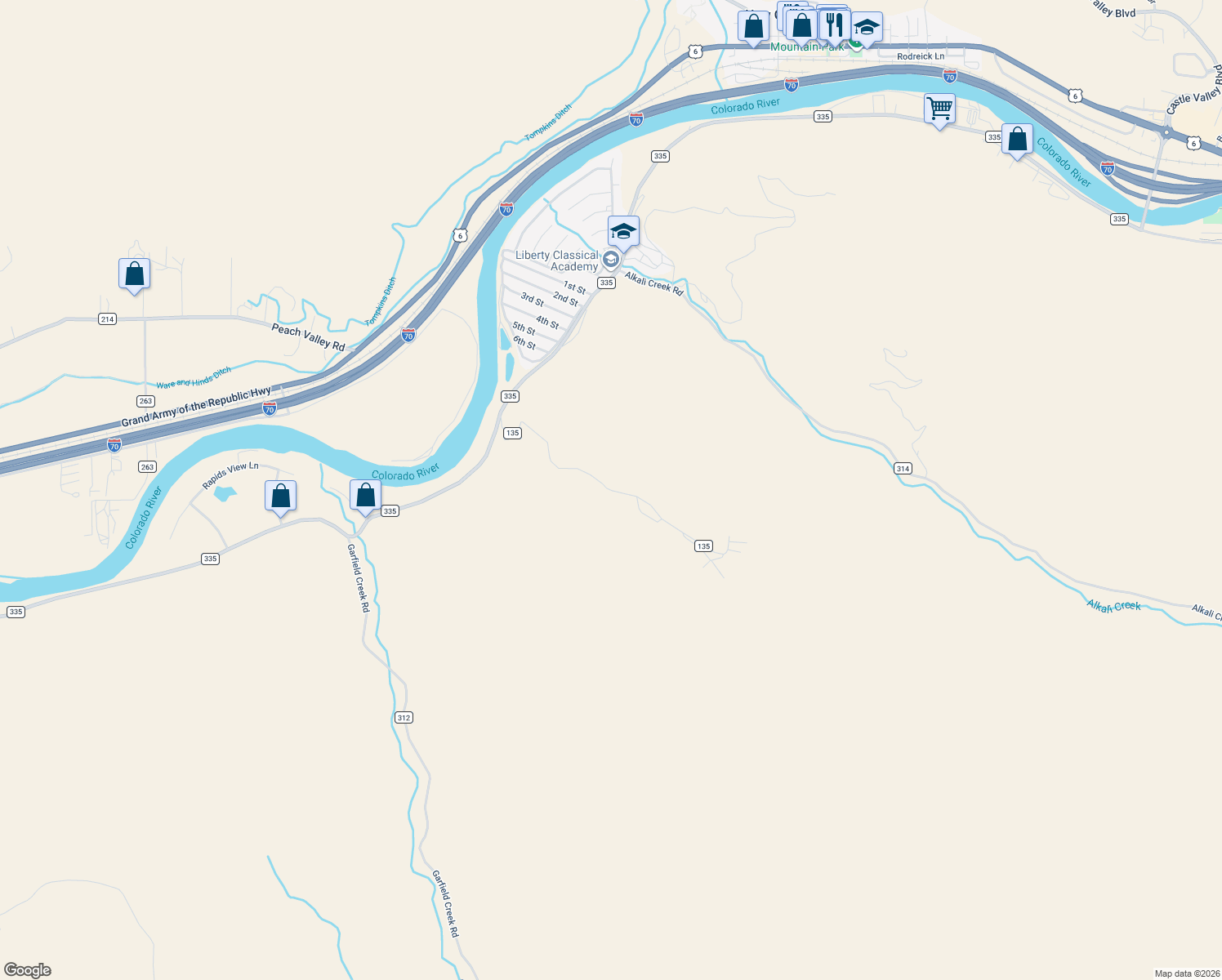 map of restaurants, bars, coffee shops, grocery stores, and more near County Road 135 in Garfield County