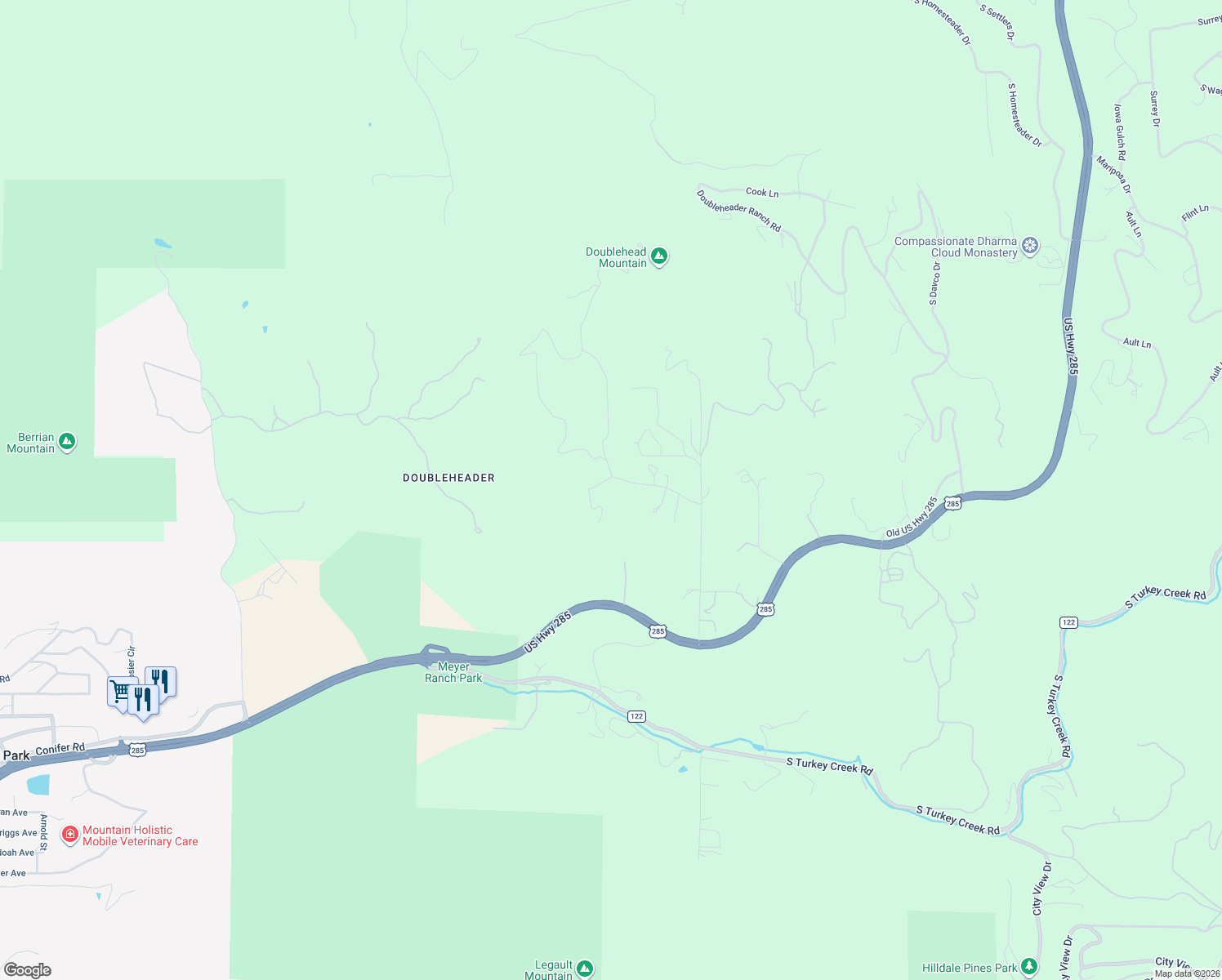 map of restaurants, bars, coffee shops, grocery stores, and more near 23154 Valley High Road in Morrison