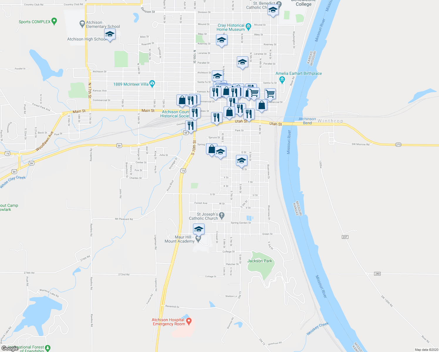 map of restaurants, bars, coffee shops, grocery stores, and more near 775 South 8th Street in Atchison