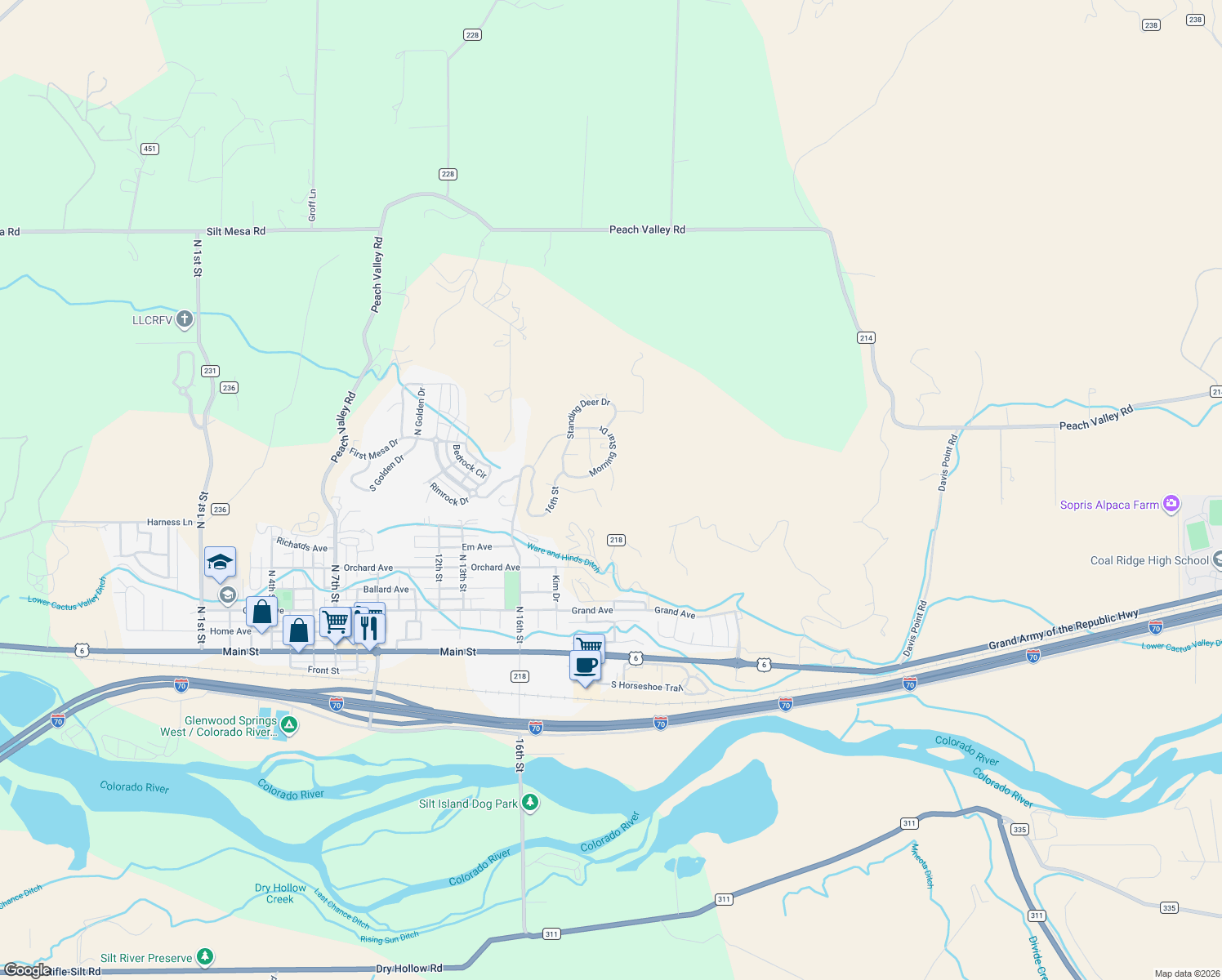 map of restaurants, bars, coffee shops, grocery stores, and more near 700 Antler Point Ln in Silt