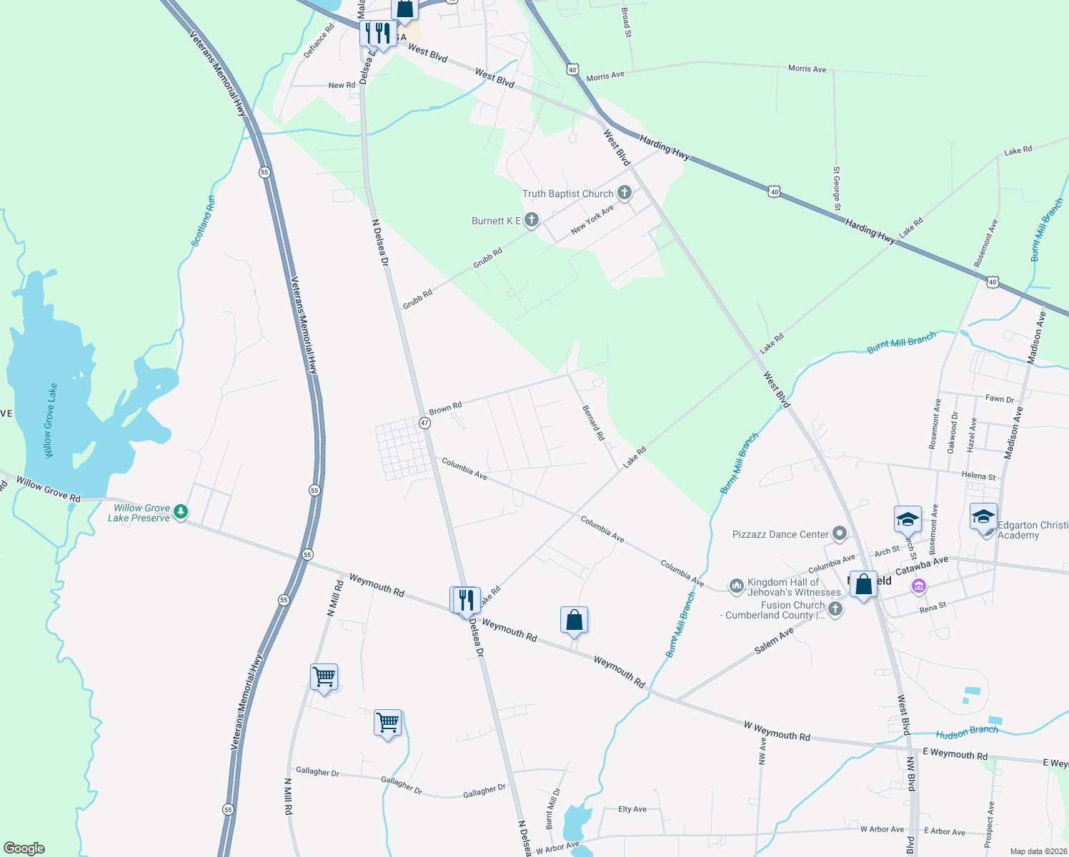 map of restaurants, bars, coffee shops, grocery stores, and more near 4570 Robin Road in Newfield