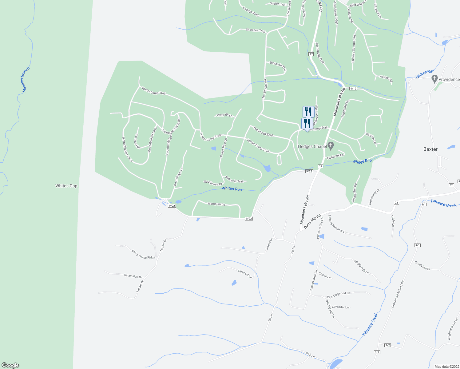 map of restaurants, bars, coffee shops, grocery stores, and more near 72 Nokomis Trail in Hedgesville