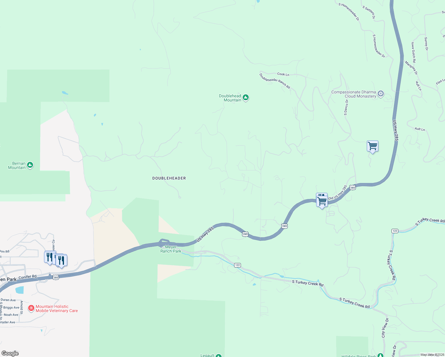 map of restaurants, bars, coffee shops, grocery stores, and more near 23154 Valley High Road in Morrison