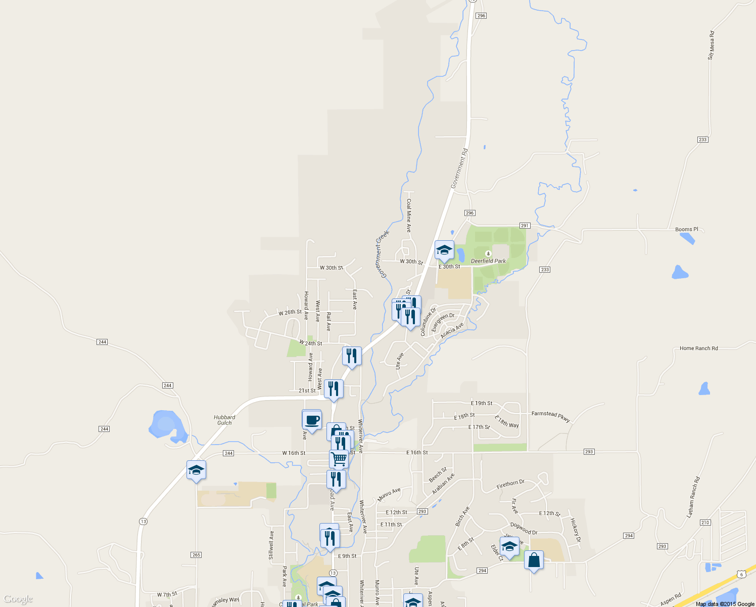 map of restaurants, bars, coffee shops, grocery stores, and more near 203 West 28th Court in Rifle