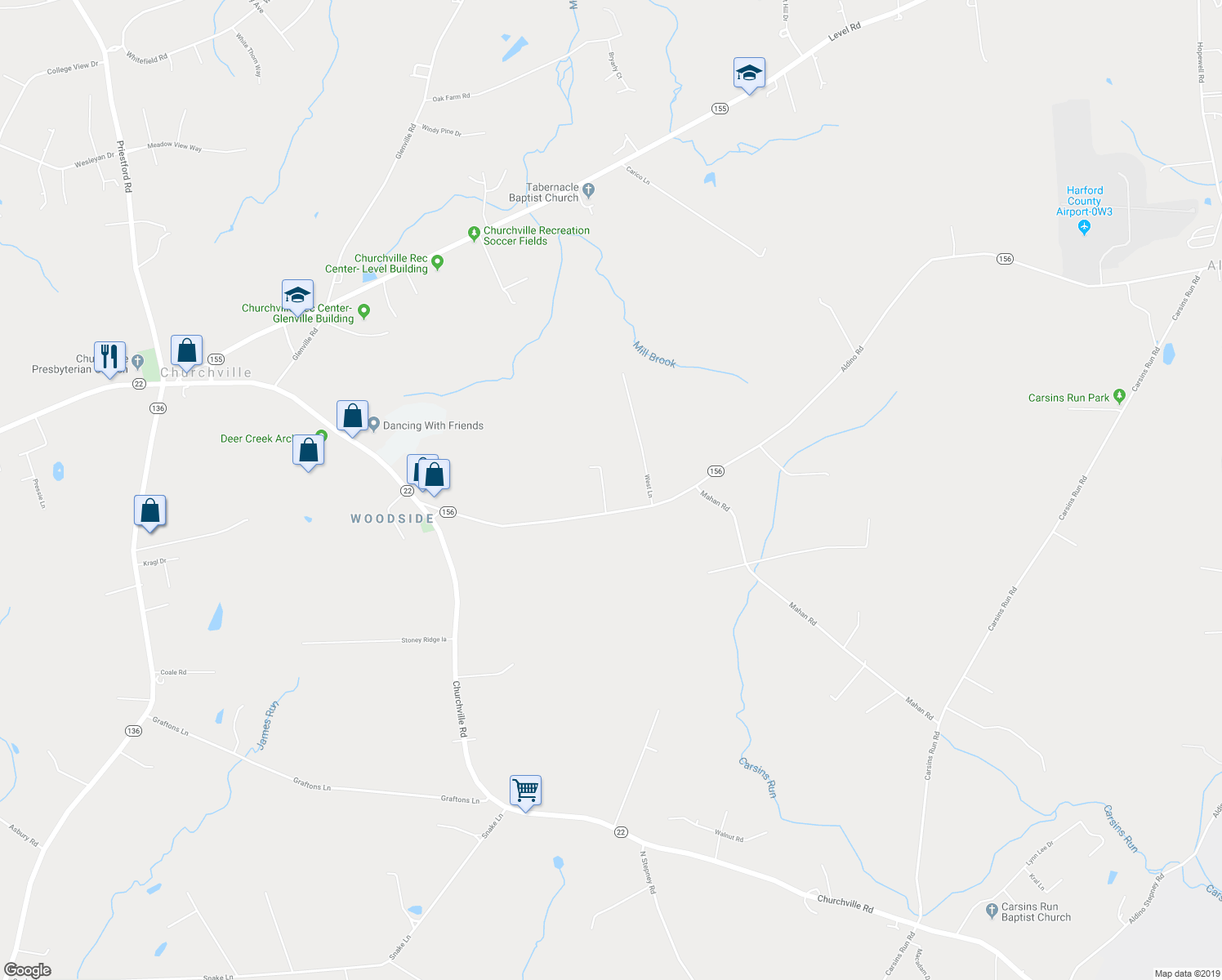 map of restaurants, bars, coffee shops, grocery stores, and more near 317 West Lane in Churchville