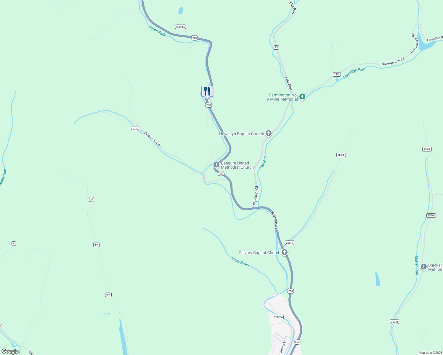 map of restaurants, bars, coffee shops, grocery stores, and more near 24 Drakes Run Rd in Mannington