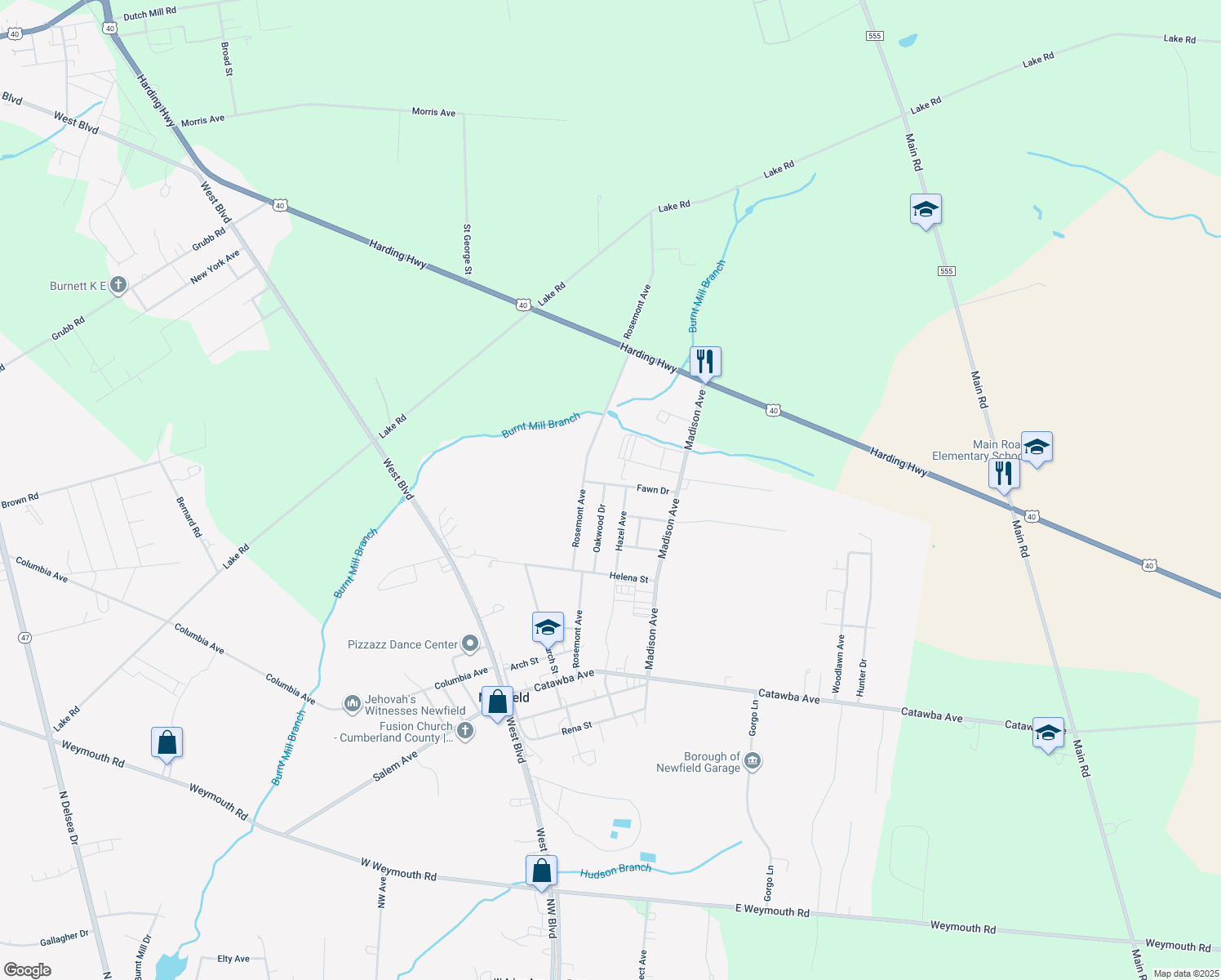 map of restaurants, bars, coffee shops, grocery stores, and more near 121 Fawn Drive in Newfield
